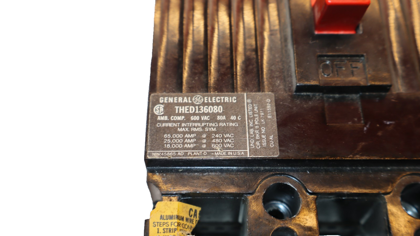 GE 80A 80 Amp Circuit Breaker THED136080 600V 3-Pole General Electric