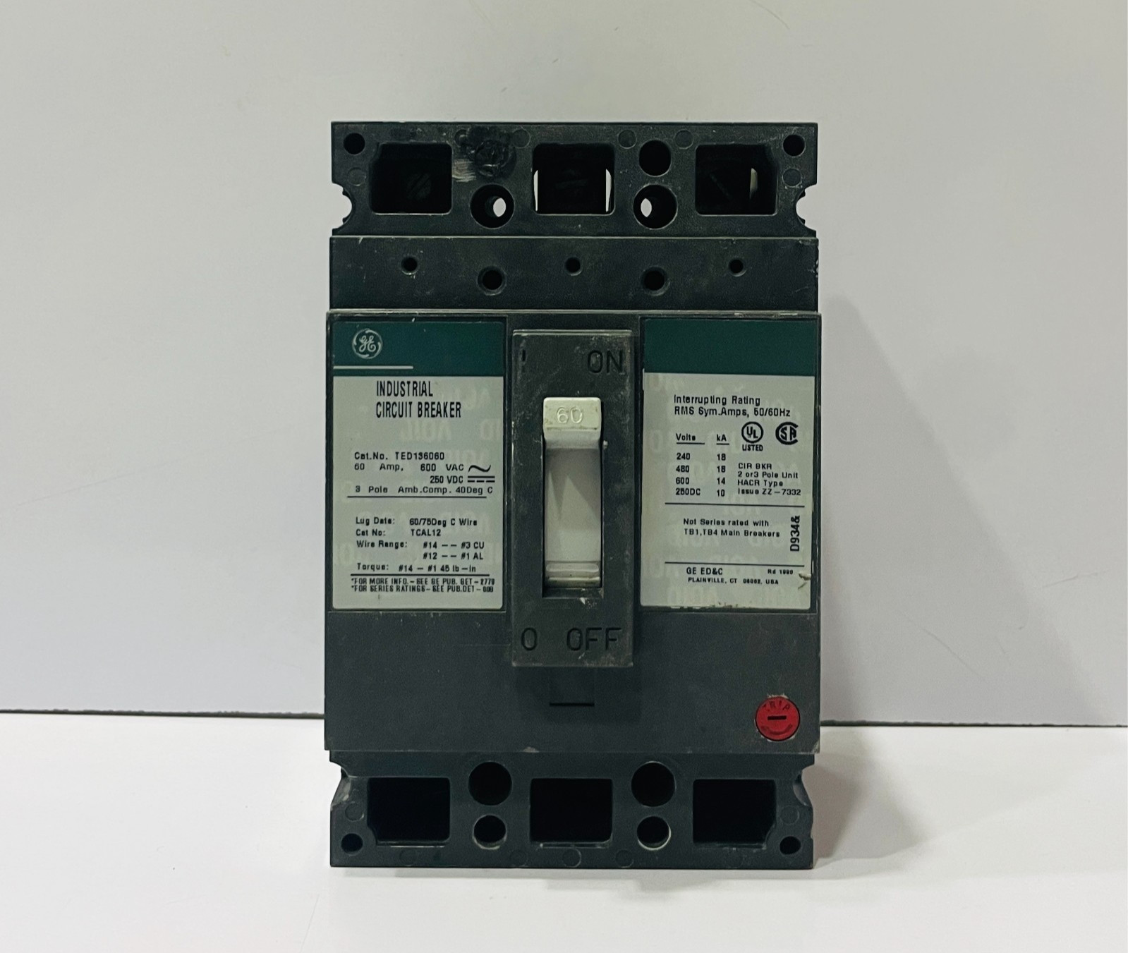 GE TED136060 60A 3 POLE 600VAC 250VDC INDUSTRIAL CIRCUIT BREAKER FREE SHIPPING