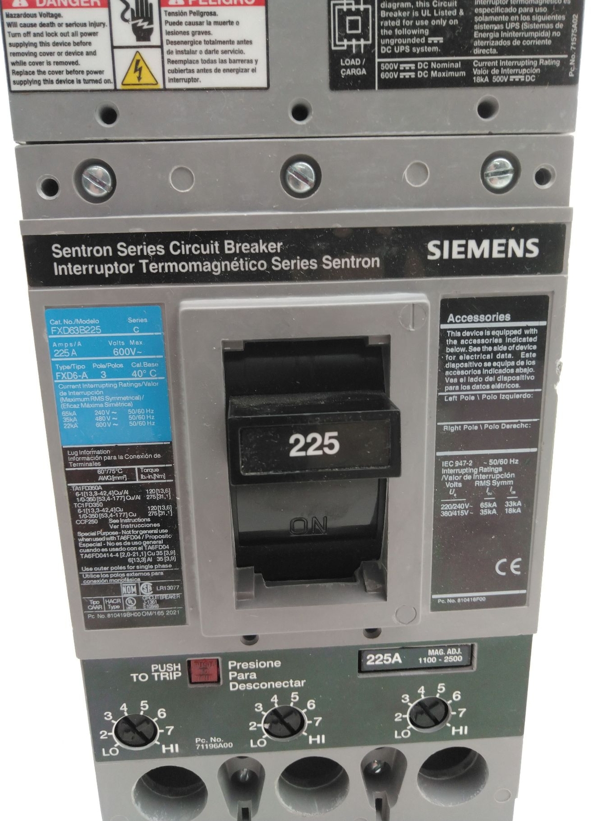 Siemens FXD63B225 Ser C Sentron Circuit Breaker, 3Pole, 225A, 240-600V