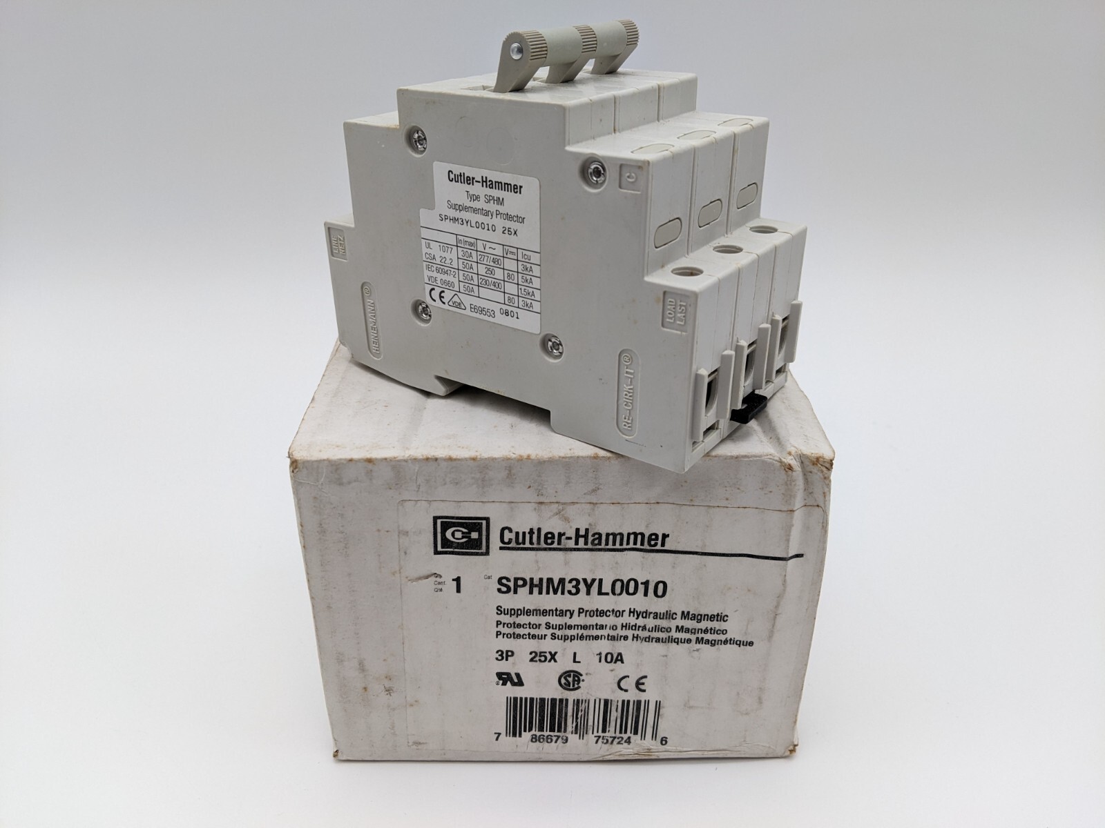 Cutler Hammer SPHM3YL0010 Circuit Breaker 10 Amp 3 Pole 277/480 Volt Din Rail
