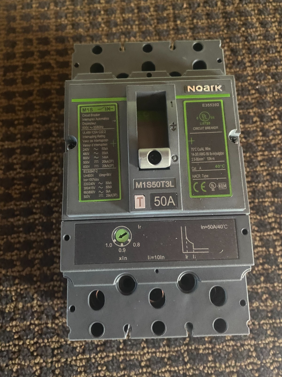 Noark M1S50T3L Circuit Breaker, 3P 50A UL489/CSA 600V-50/60Hz