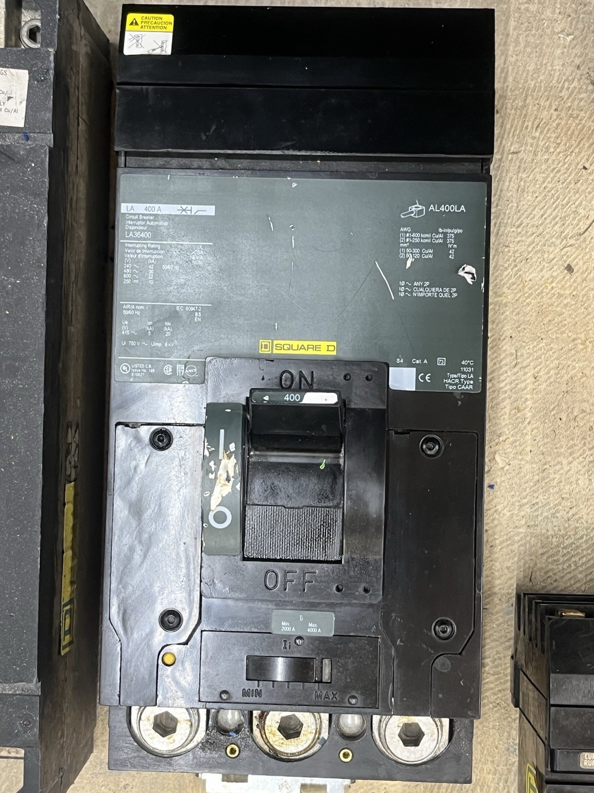 Square D AL36400 Molded Case Circuit Breaker 400A 3-Pole 600 Vac On/Off