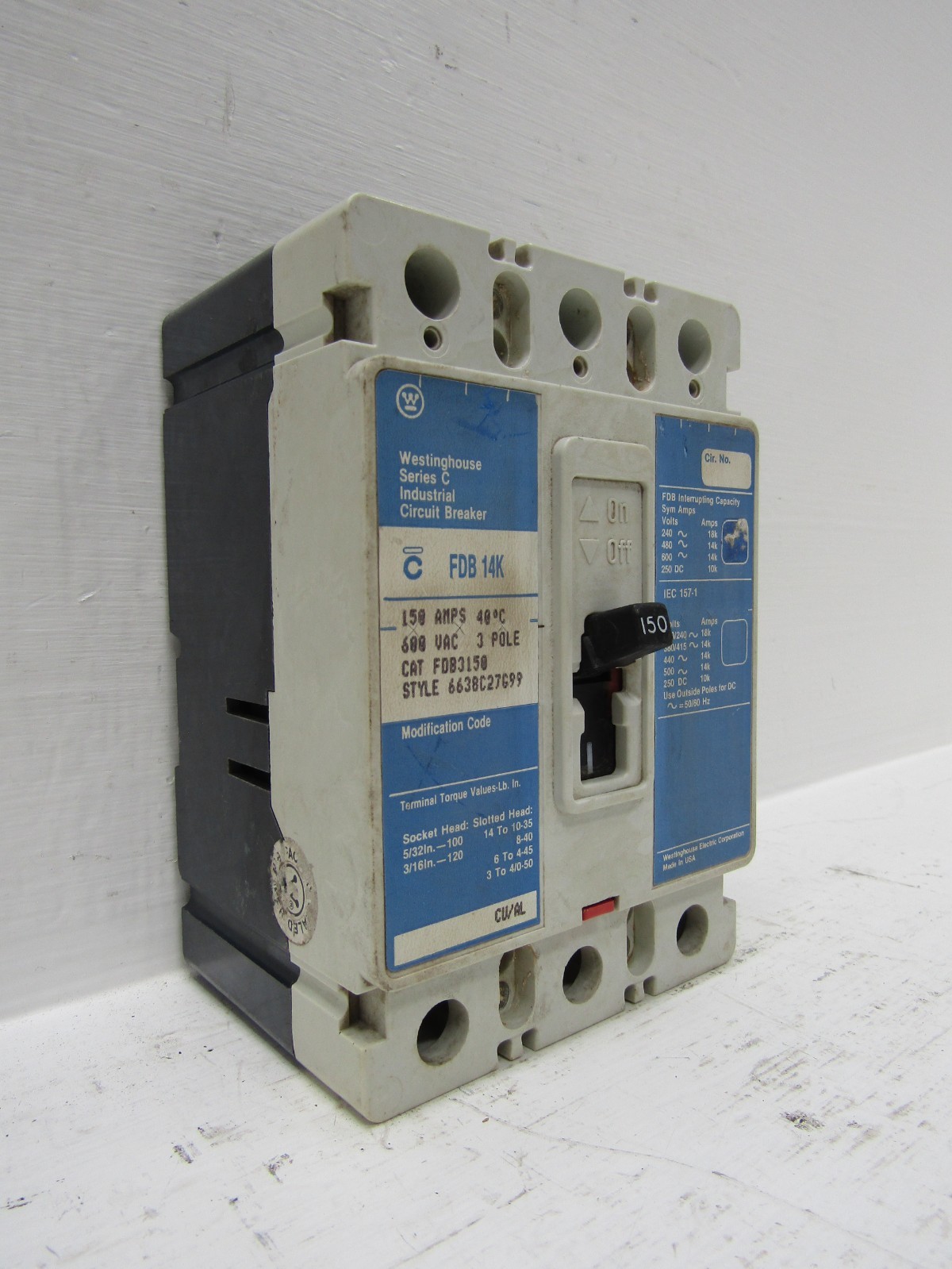 Westinghouse FDB3150 150 Amp 600V 3-Pole Circuit Breaker 150A 3P Cutler Hammer