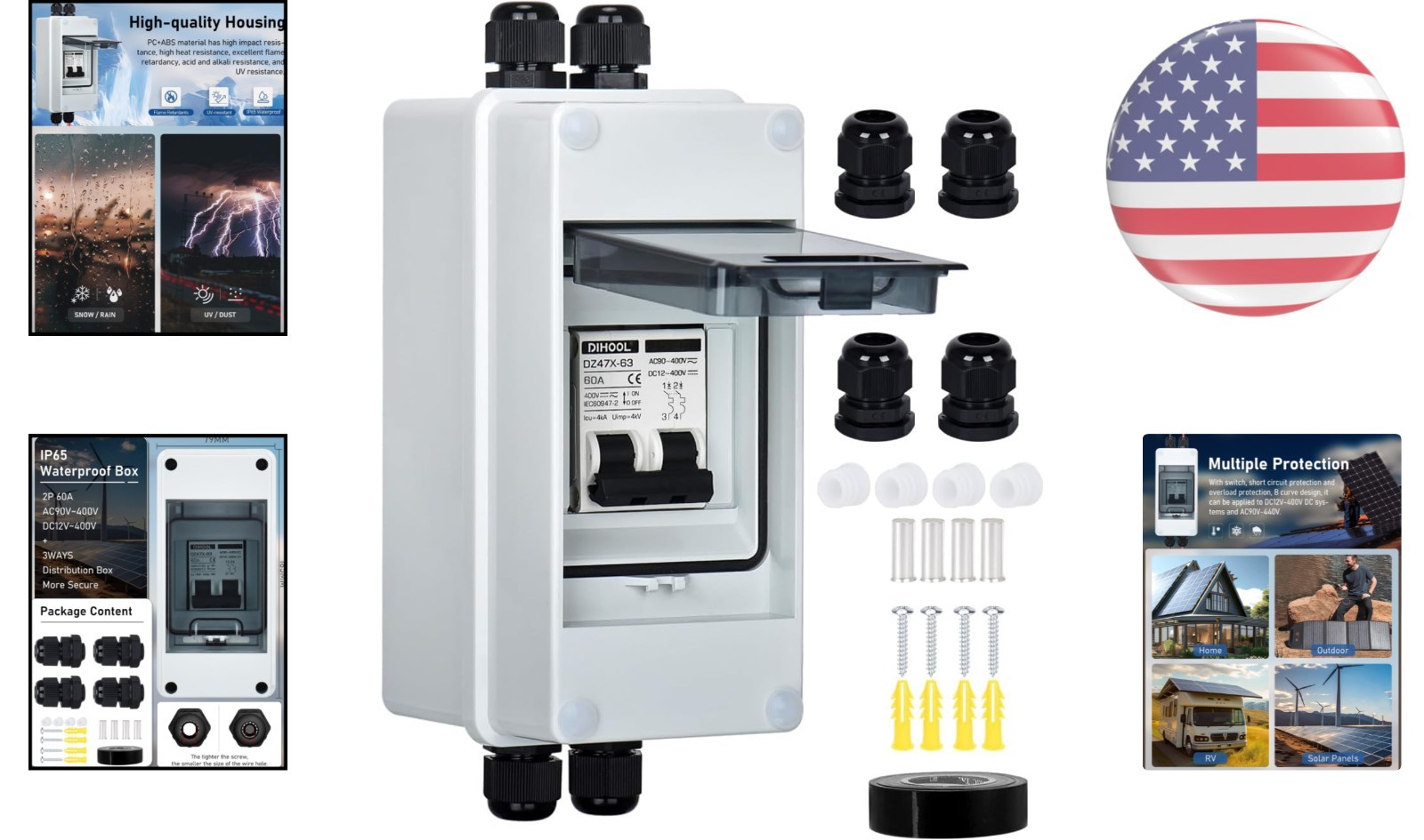 Waterproof AC DC Circuit Breaker, 60 Amp 2 Pole – Solar Disconnect Switch