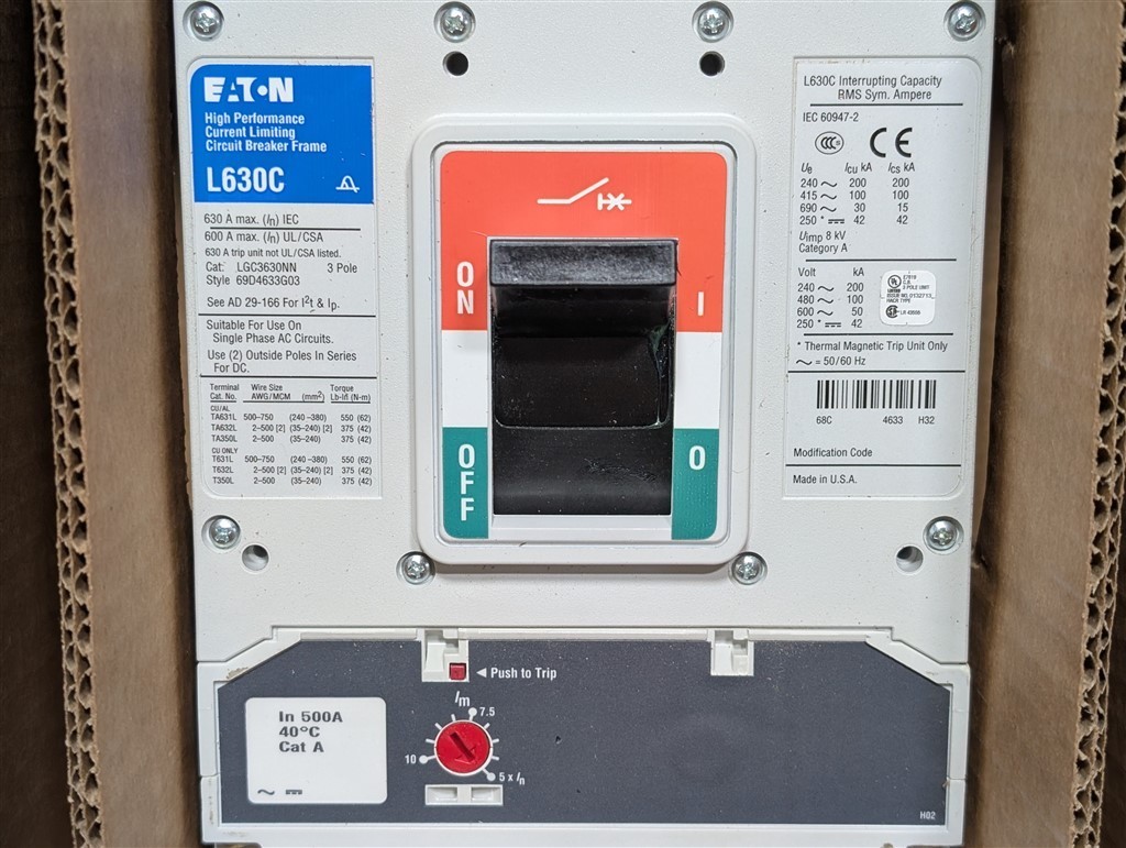NEW EATON L630C 500A LGC3500FAG Circuit Breaker 690VAC 100k AIC@480VAC 600AFrame
