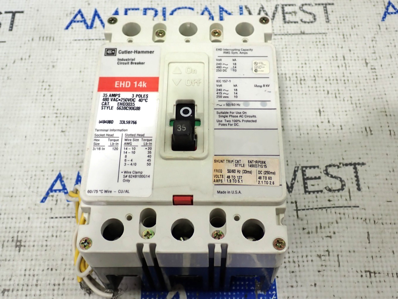 Cutler Hammer EHD3035 3 Pole 35 Amp 480 Volt Breaker W/ 48/127V Shunt Tested