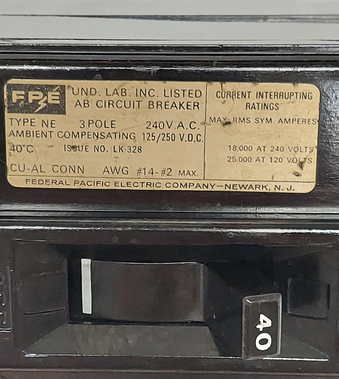 FPE 40 Amp 3 Pole 240 VAC 125/250VDC Type NE LK-328 AWG #14 – #2 Circuit Breaker