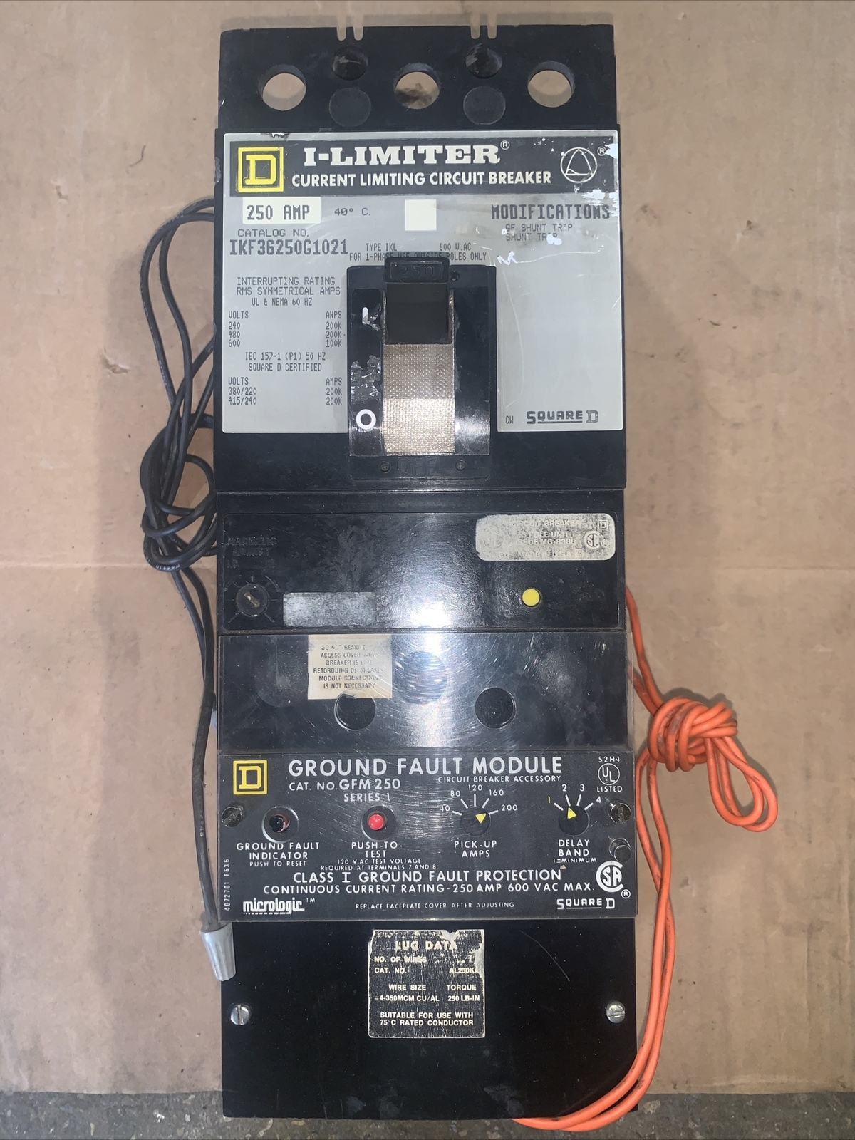 SQUARE D IKF36250G1021 250A CIRCUIT BREAKER 3 POLE W/ GFM250 Ground Fault
