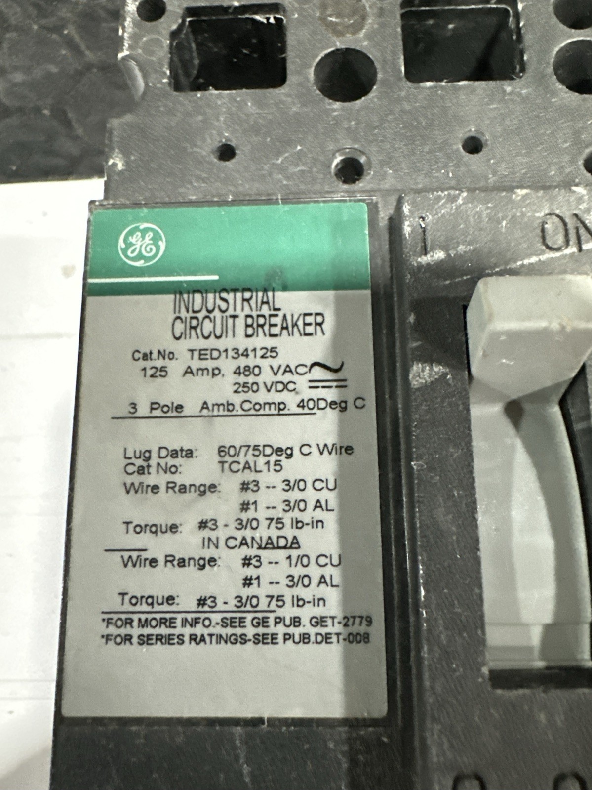 General Electric TED134125 Circuit Breaker 125A 3P 480VAC Type TED