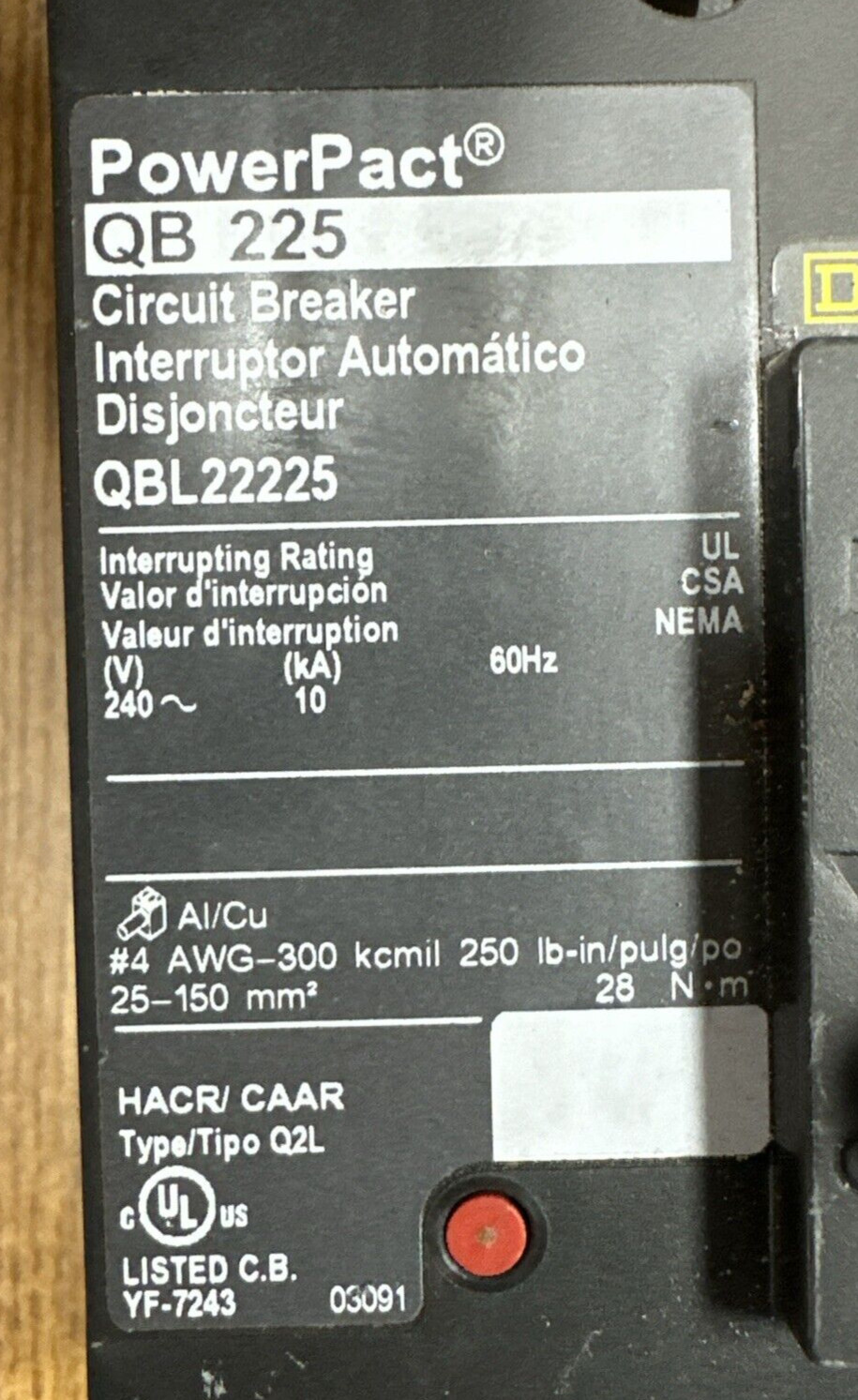 SQUARE D QBL22225 225A 2P 240VAC CIRCUIT BREAKER **USED GUARANTEED**
