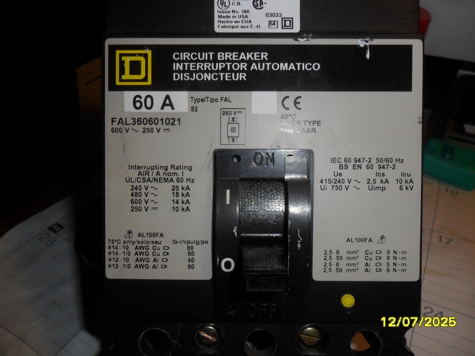 Square D FAL340601021 Circuit Breaker 60AMP