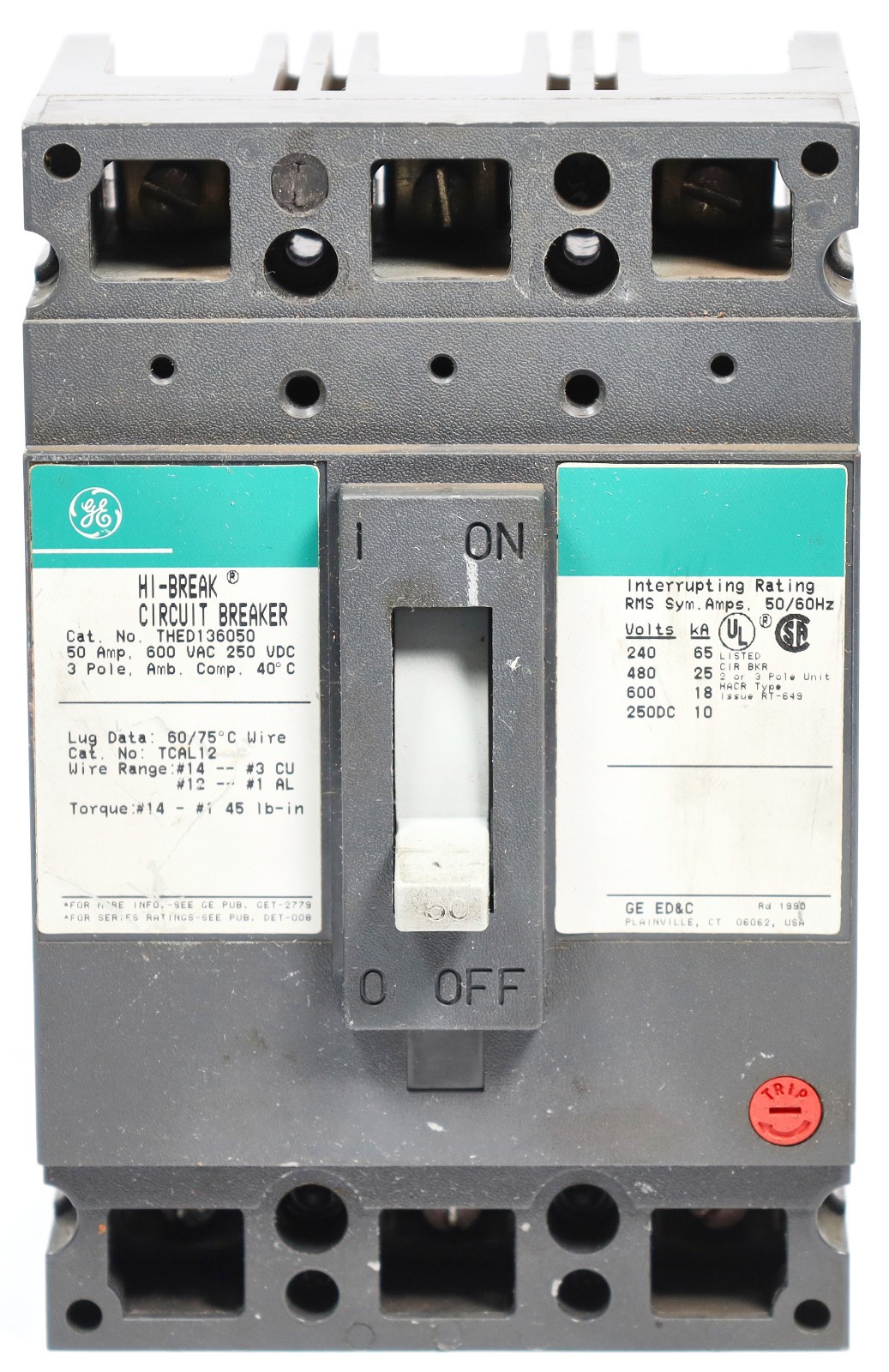 GE 50A Hi-Break Circuit Breaker 3 Pole 600 VAC / 250 VDC 25kA THED136050