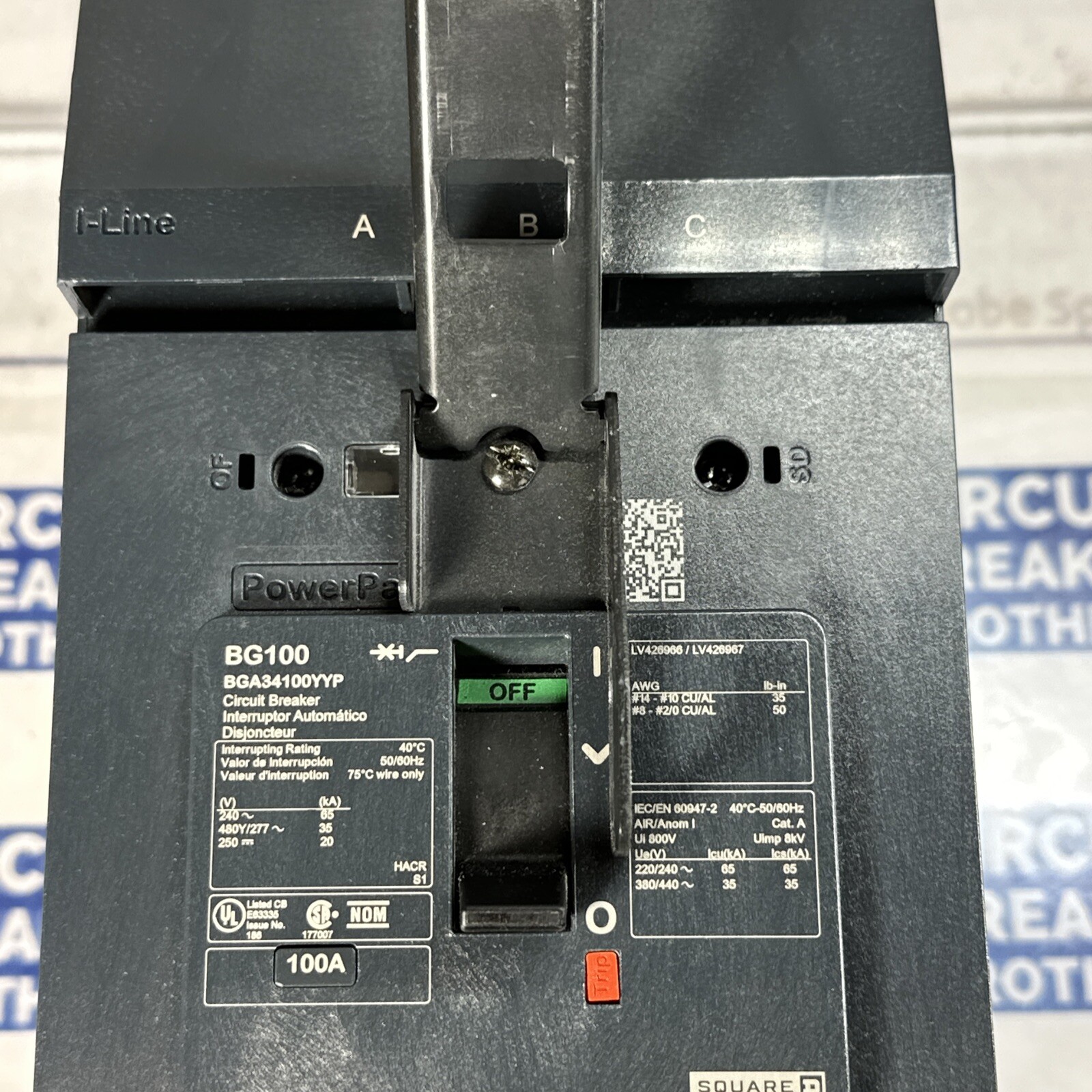 Square D BGA34100YYP 100 Amp 480V 3 Pole Circuit Breaker-Warranty (New Take Out)