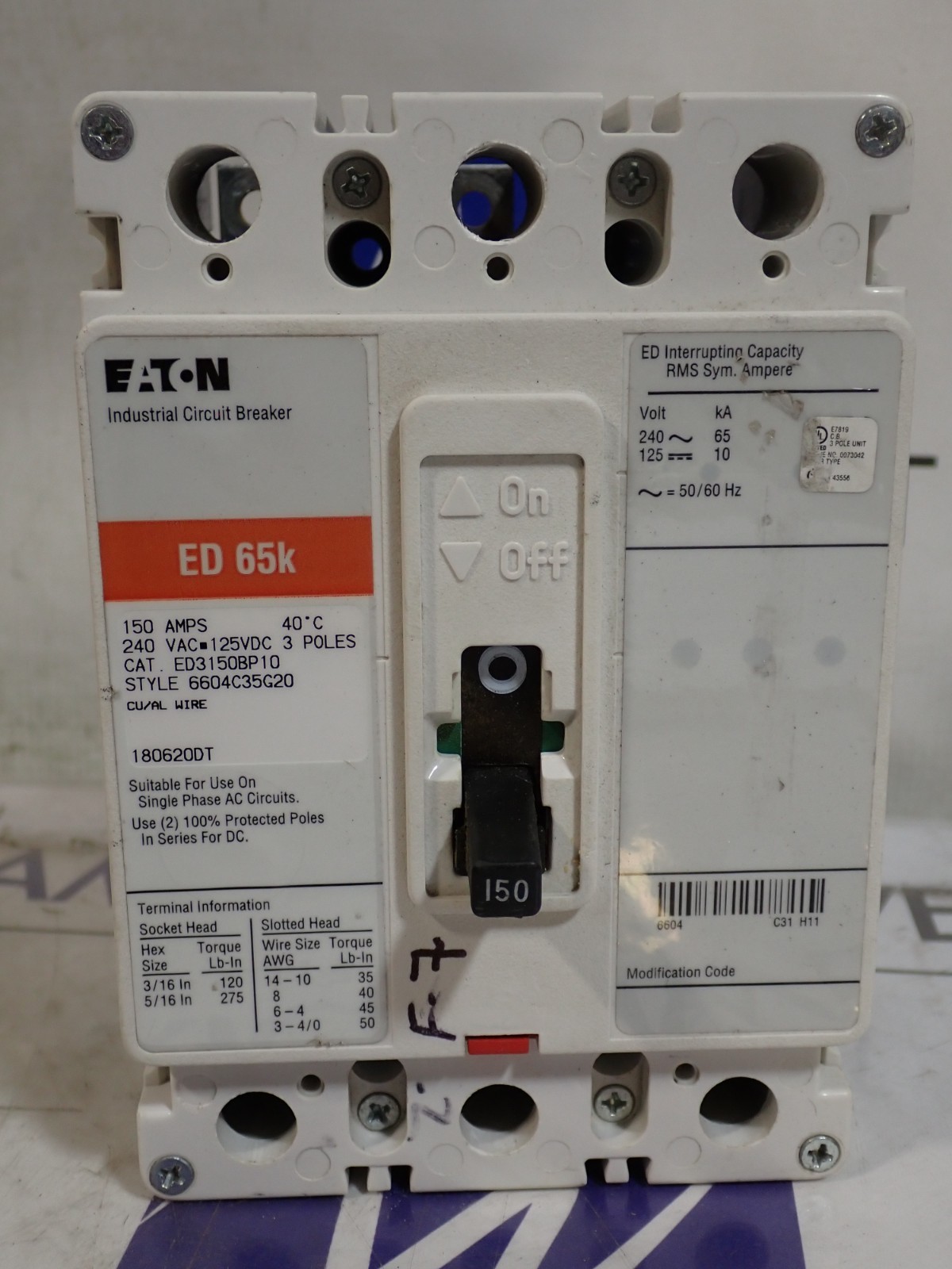 EATON ED3150 3 pole 150 amp 240 volt 65kA Circuit Breaker -TESTED