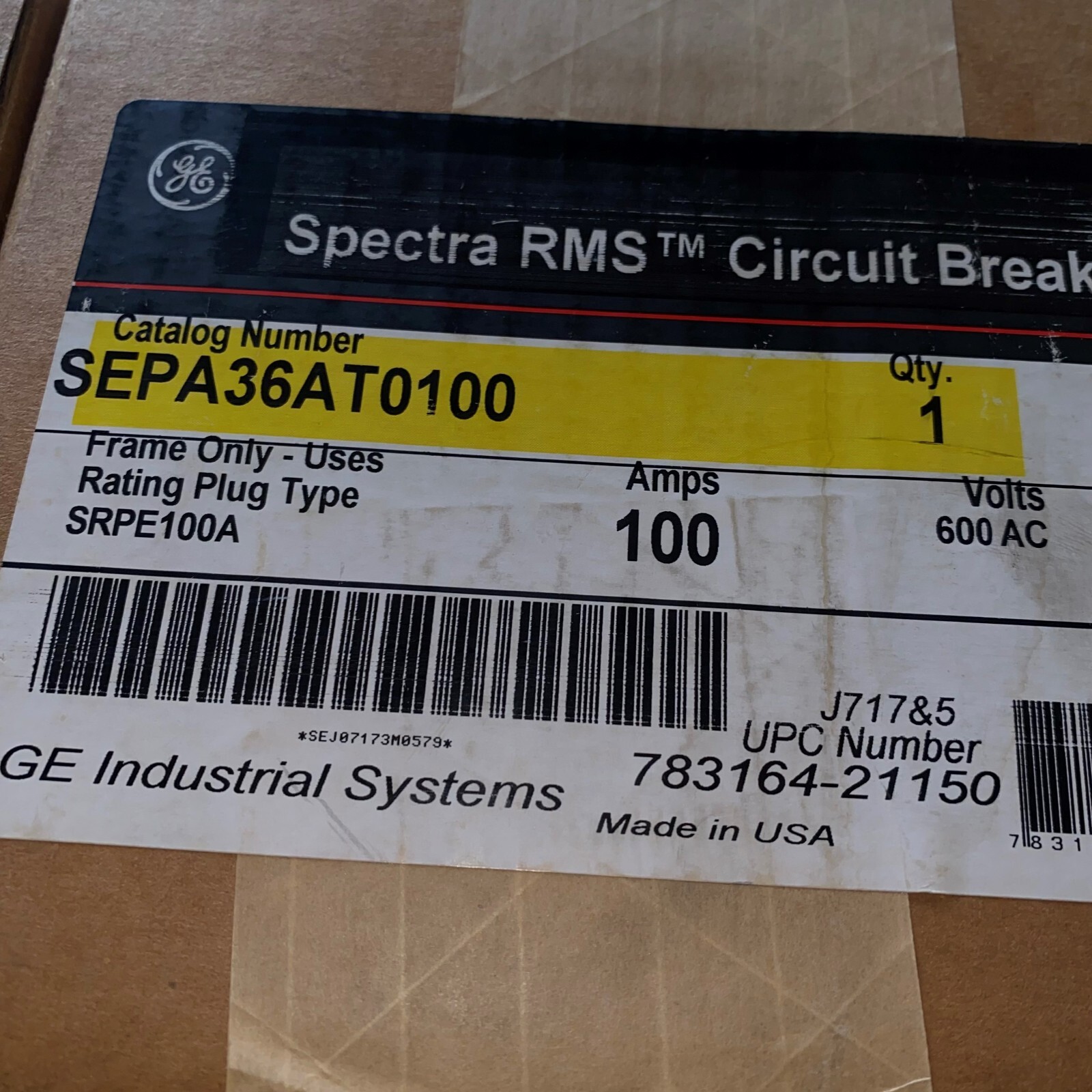 GE SEPA36AT0100 SPECTRA BREAKER 3POLE 100A 600V NEW READY TO SHIP
