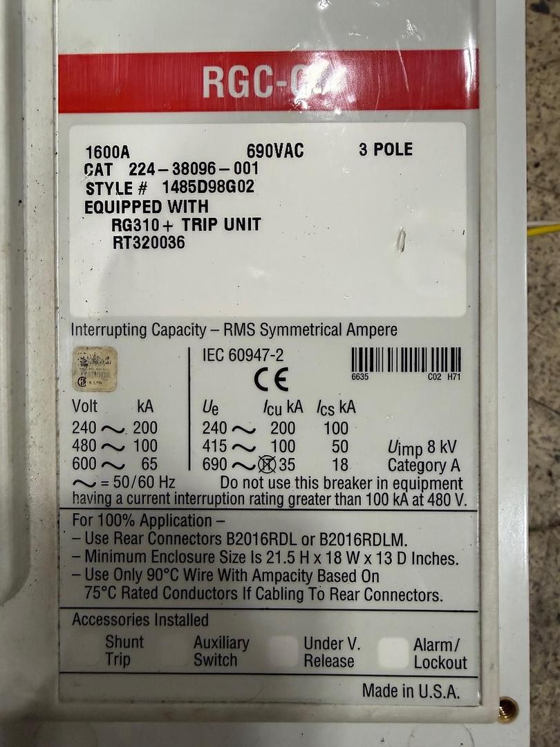 EATON YORK RGC-C CIRCUIT BREAKER 224-38096-001 1600 AMP 690 VAC W/ SHUNT TRIP