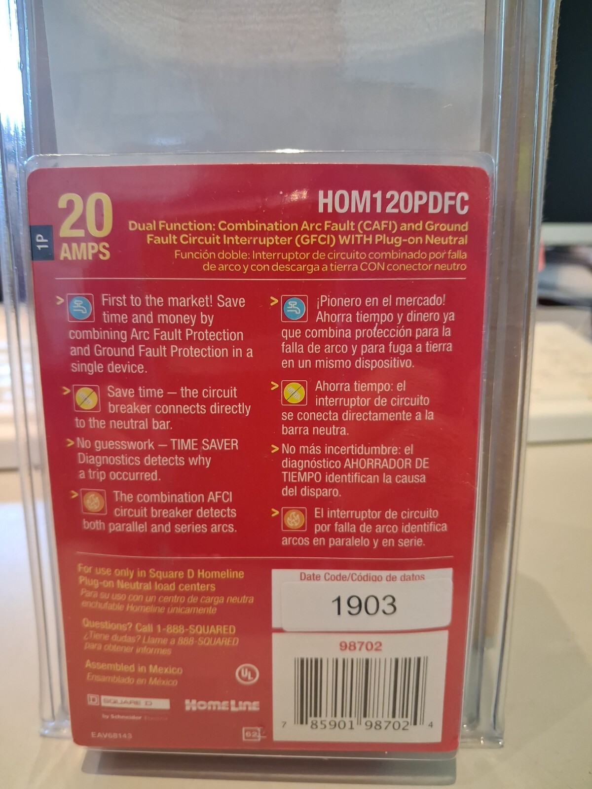 HOM120PDFC breaker 20A 1 pole w/Arc fault & ground fault protection 3/box