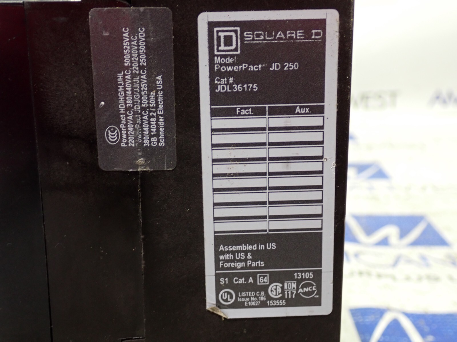 Square D JDL36175 3 Pole 175 Amp 600 Volt 18kA@480V Circuit Breaker – Tested