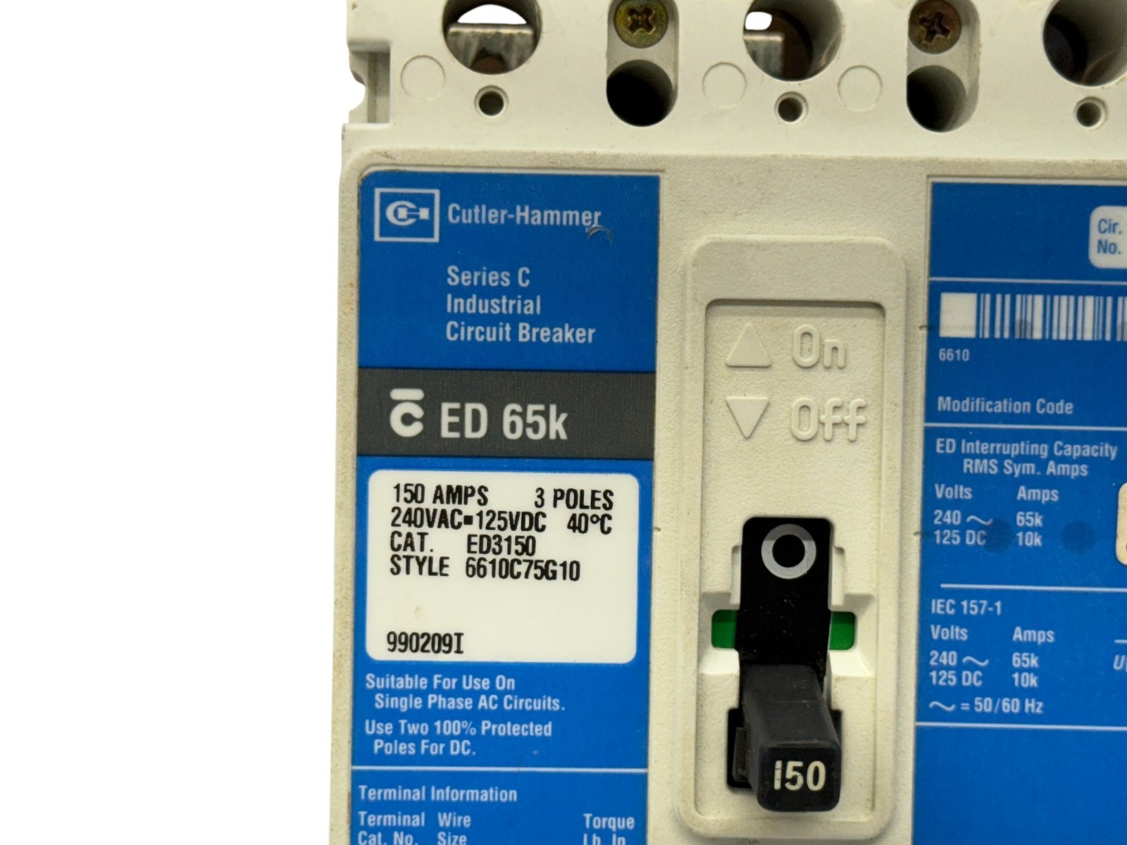 EATON ED3150 150A 3-POLE 240V ED F-FRAME 65KA MOLDED BOLT-ON CIRCUIT BREAKER