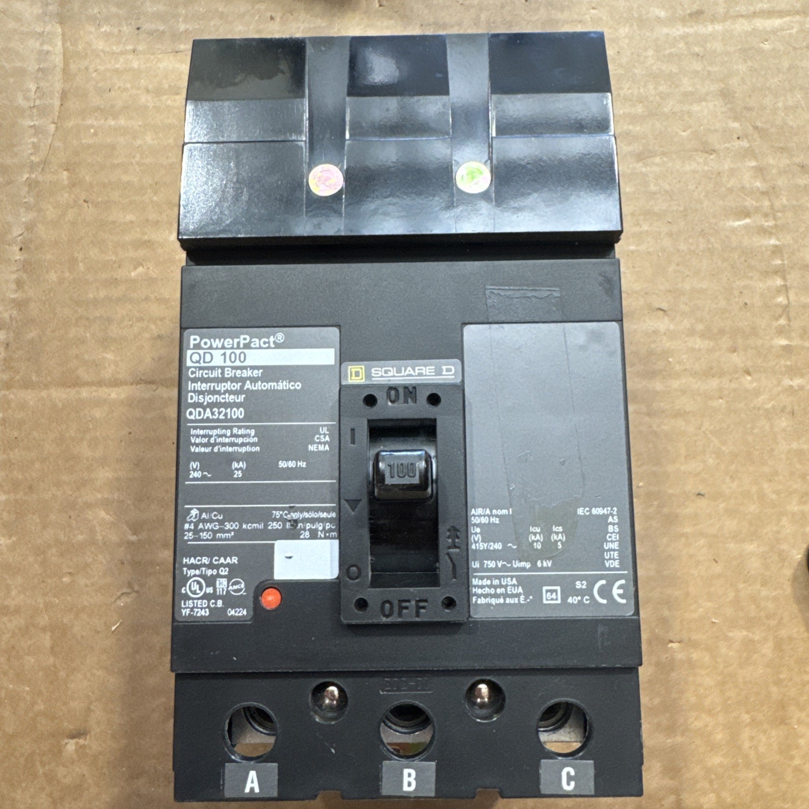 Square D QDA32100 PowerPact 100A 3 Pole Circuit Breaker