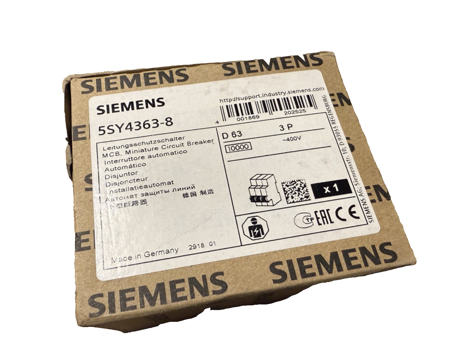(1) NEW Siemens 5SY4363-8 3p 63a Din Rail Breaker New In Box Surplus – USA STOCK