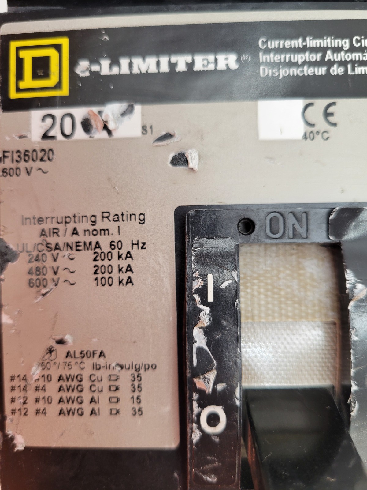 Square D FI36020 I-Line Current Limiting Circuit Breaker 20A 3P 600V