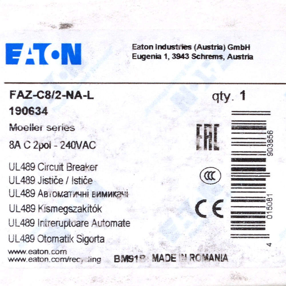 NEW Eaton FAZ-C8/2-NA-L 190634 Moeller 8A C 2-Pole 240VAC Circuit Breaker UL489