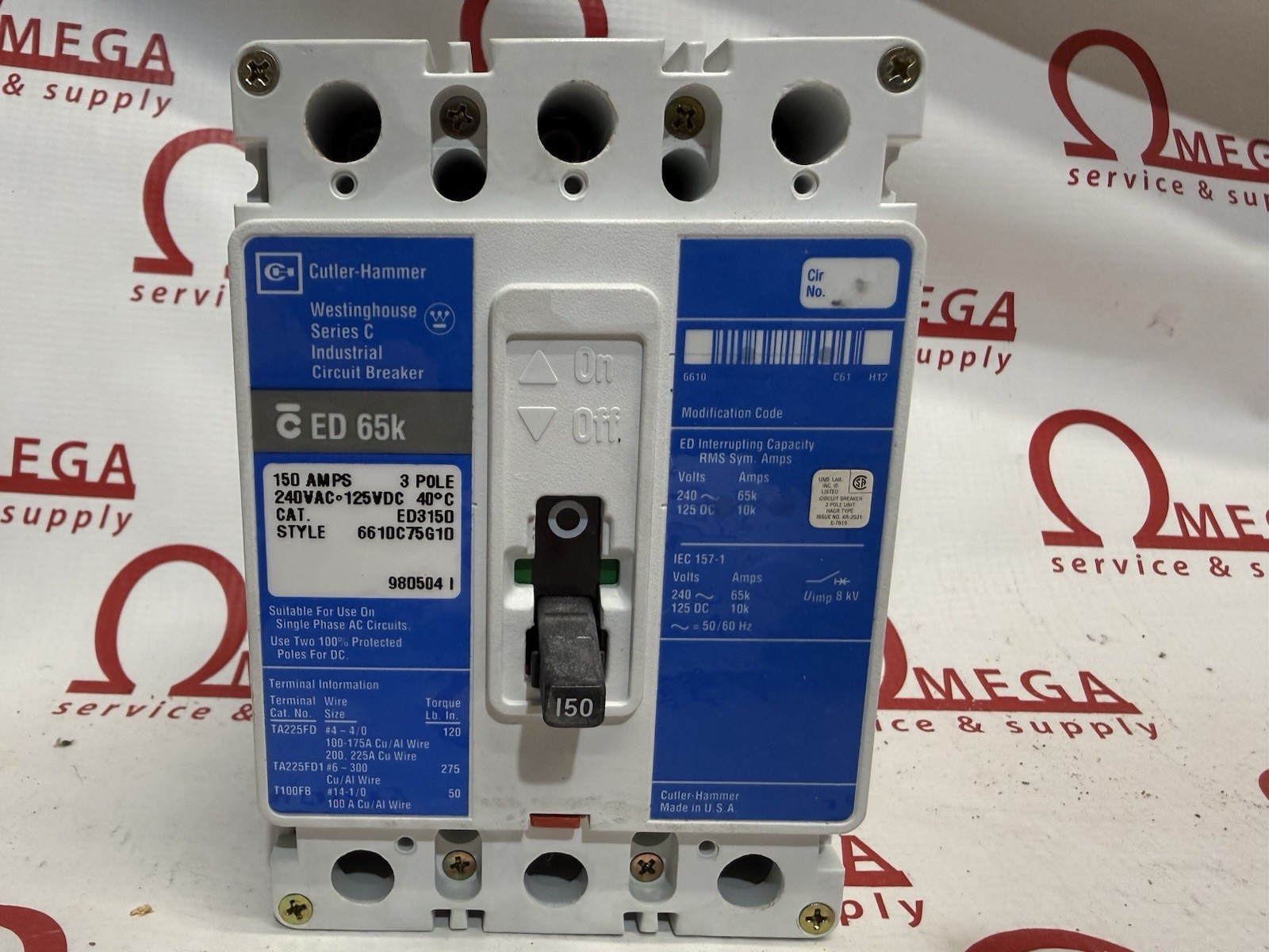 Eaton Cutler Hammer ED3150 150 AMP 3 Pole 65kA @ 240V Circuit Breaker