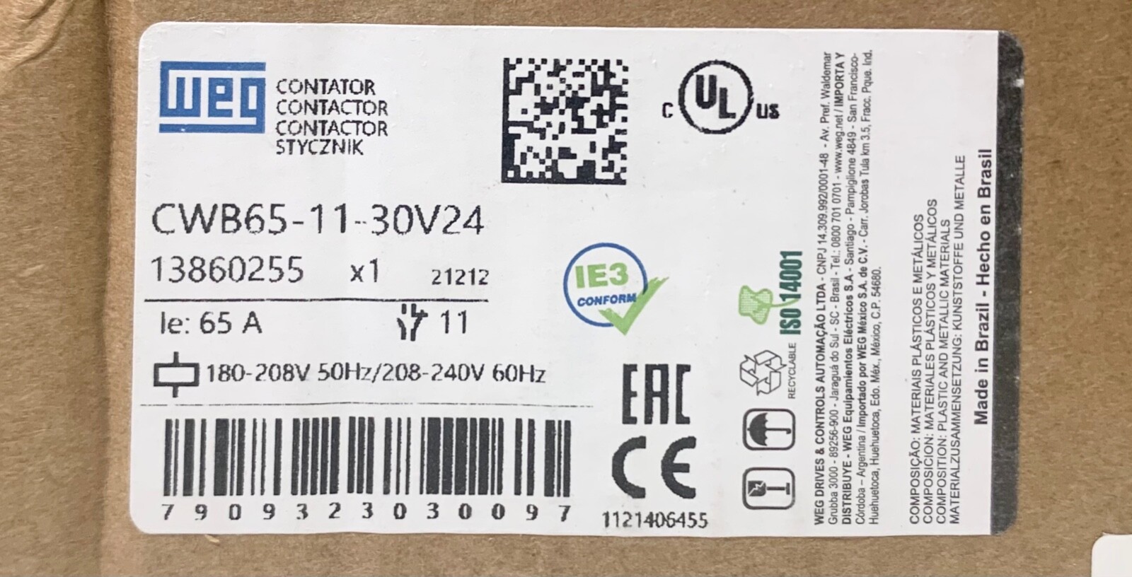 WEG CWB65 11 30V24 3 Pole 65 AMP 180-208 VAC Contactor 13860255