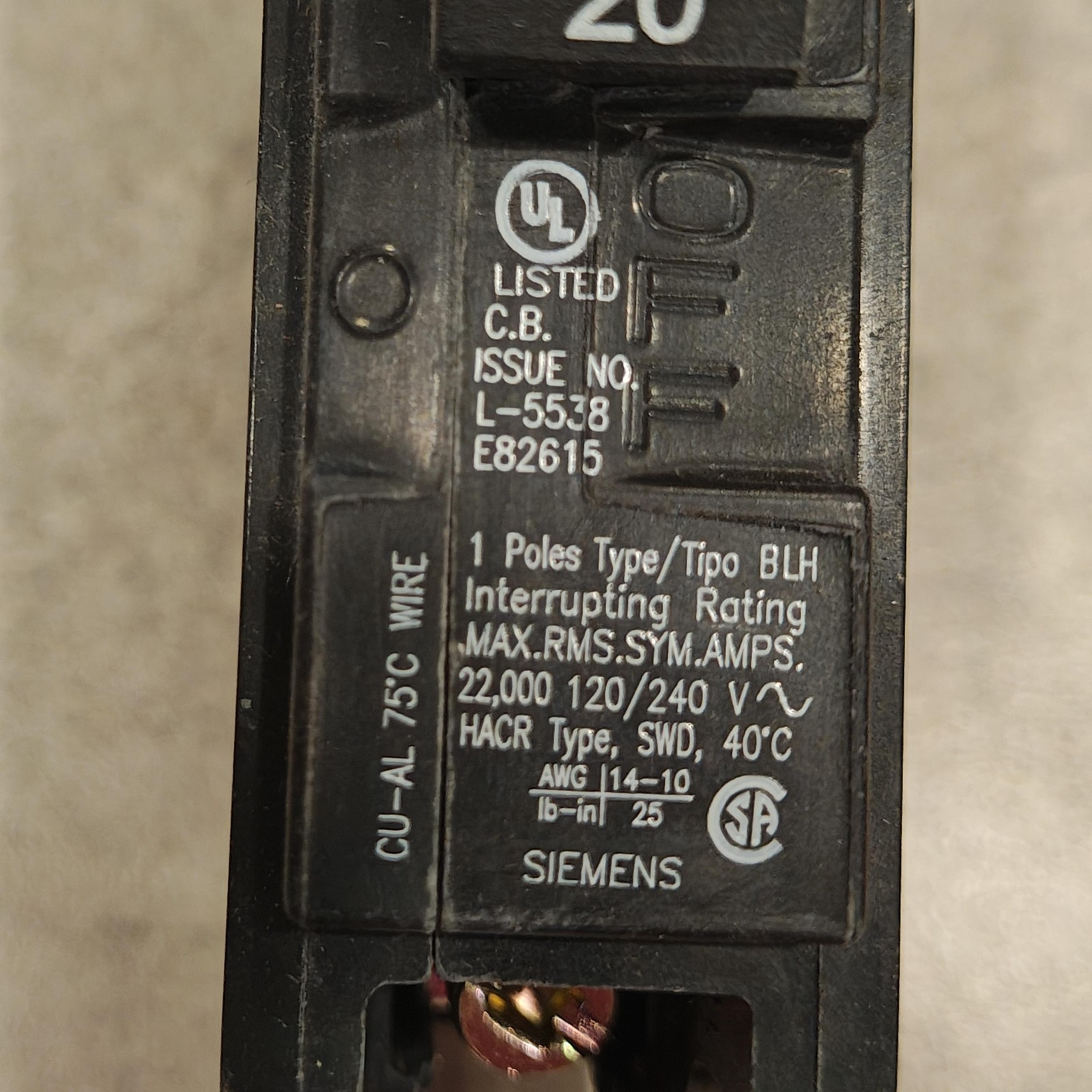 Siemens B120H 20A Bolt On 1-Pole Circuit Breaker 120/240V 22kA