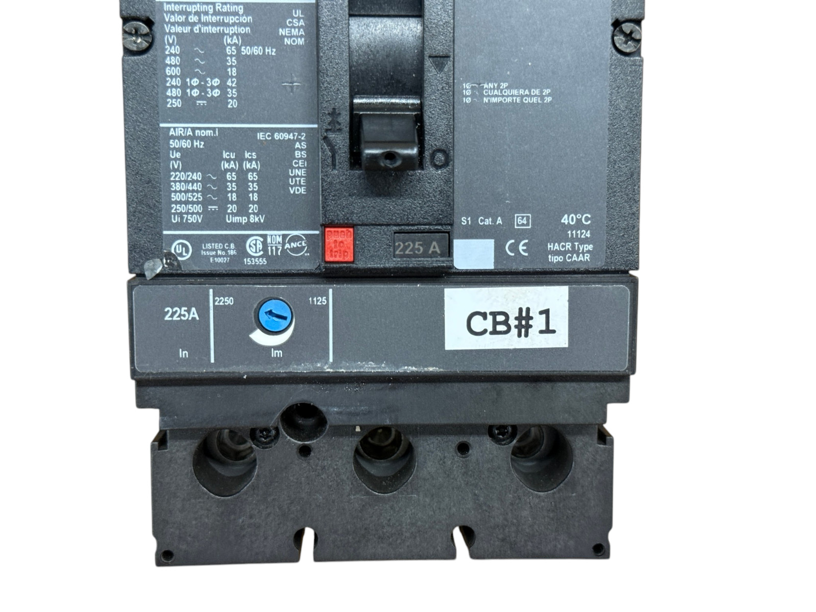 SQUARE D JGL36225 225A 3-POLE 600V J-FRAME POWERPACT J 35KA@480V CIRCUIT BREAKER