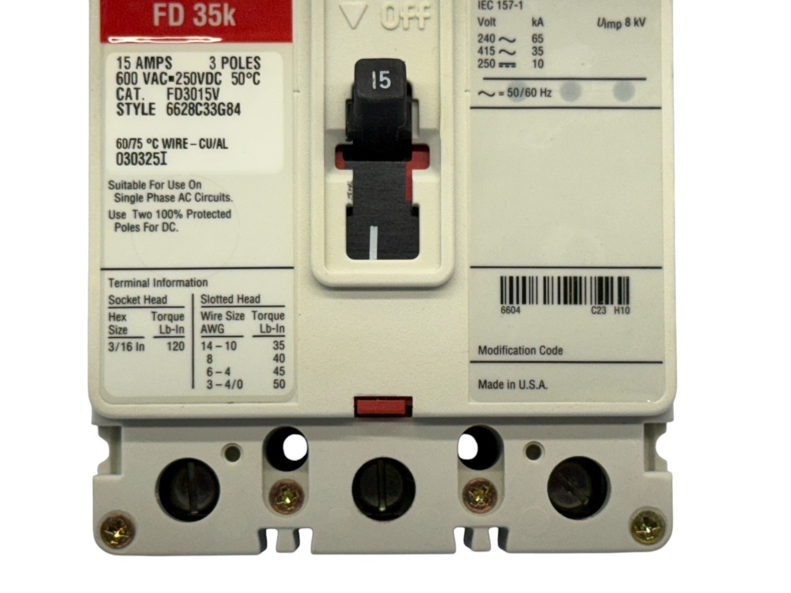 CUTLER HAMMER FD3015V 15A 3-PHASE 3-POLE 600V SERIES CASE CIRCUIT BREAKER