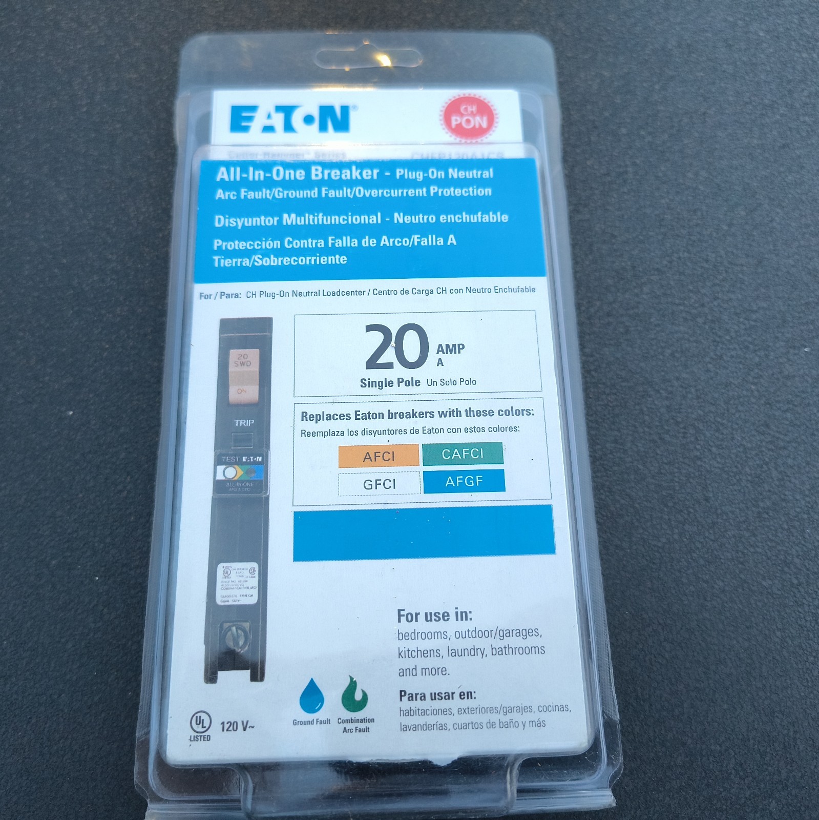 (1) Eaton 20 Amp All in One AF/GF Plug-On-Neutral Breaker CHFP120A1CS NEW ab