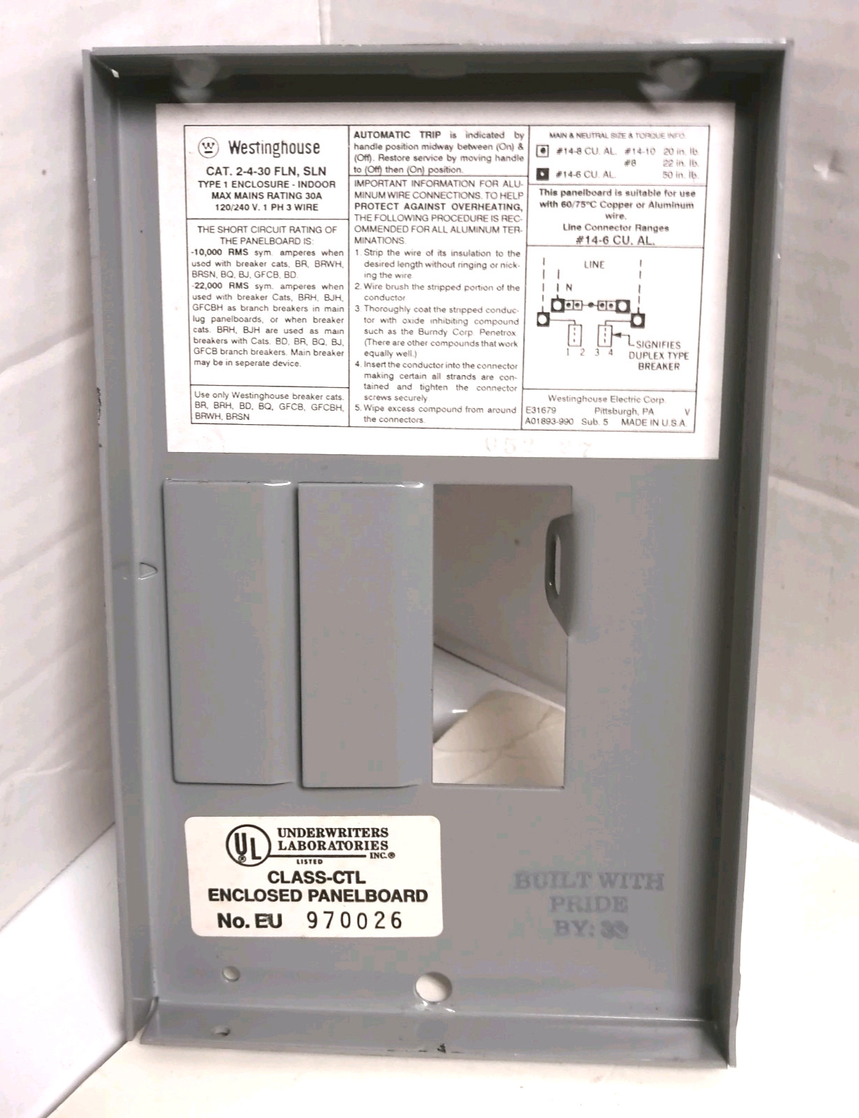 Westinghouse Cat.# 2-4-30 FLN SLN Type 1 Indoor 30A Enclosure