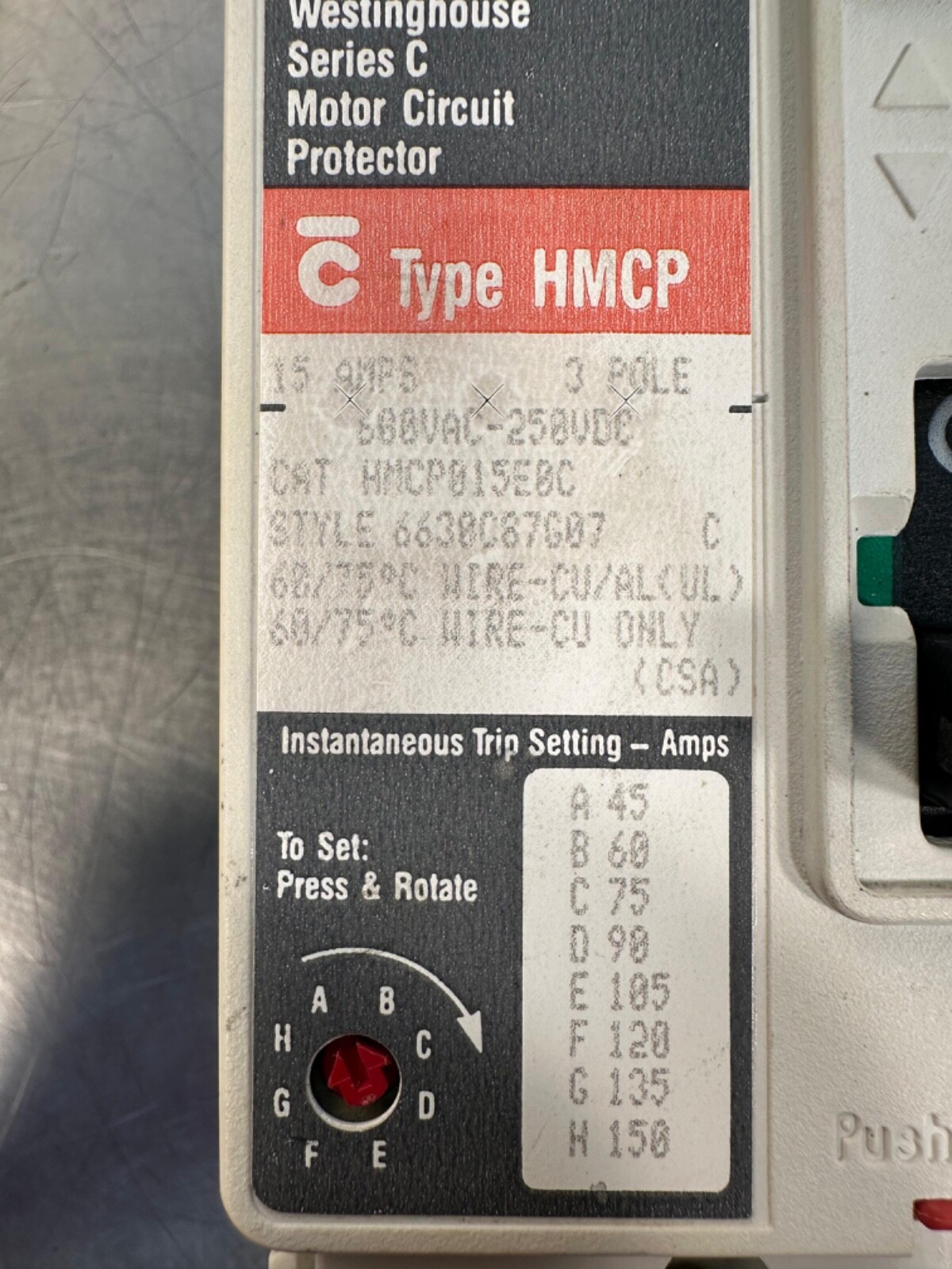 Westinghouse HMCP015E0C Bolt-On Circuit Breaker 15A 600V 3P (4B-27)