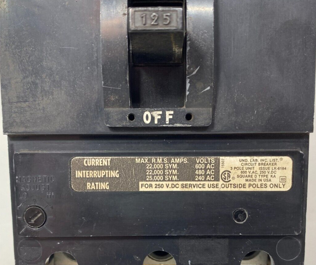 SQUARE D KA36125 125A 3P 600V 22kA Adjust. Trip I-Line Circuit Breaker w/ Lugs