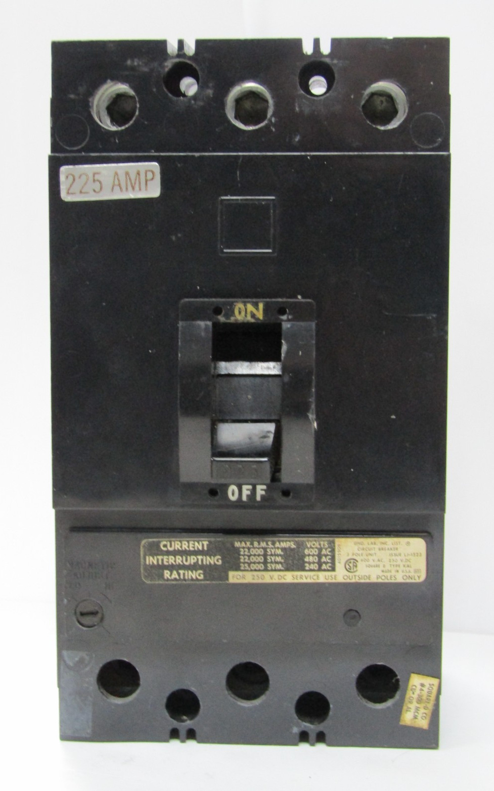 🙌 SQUARE D KAL 225 AMP CIRCUIT BREAKER 600 VAC 250 VDC 3 POLE KAL36225