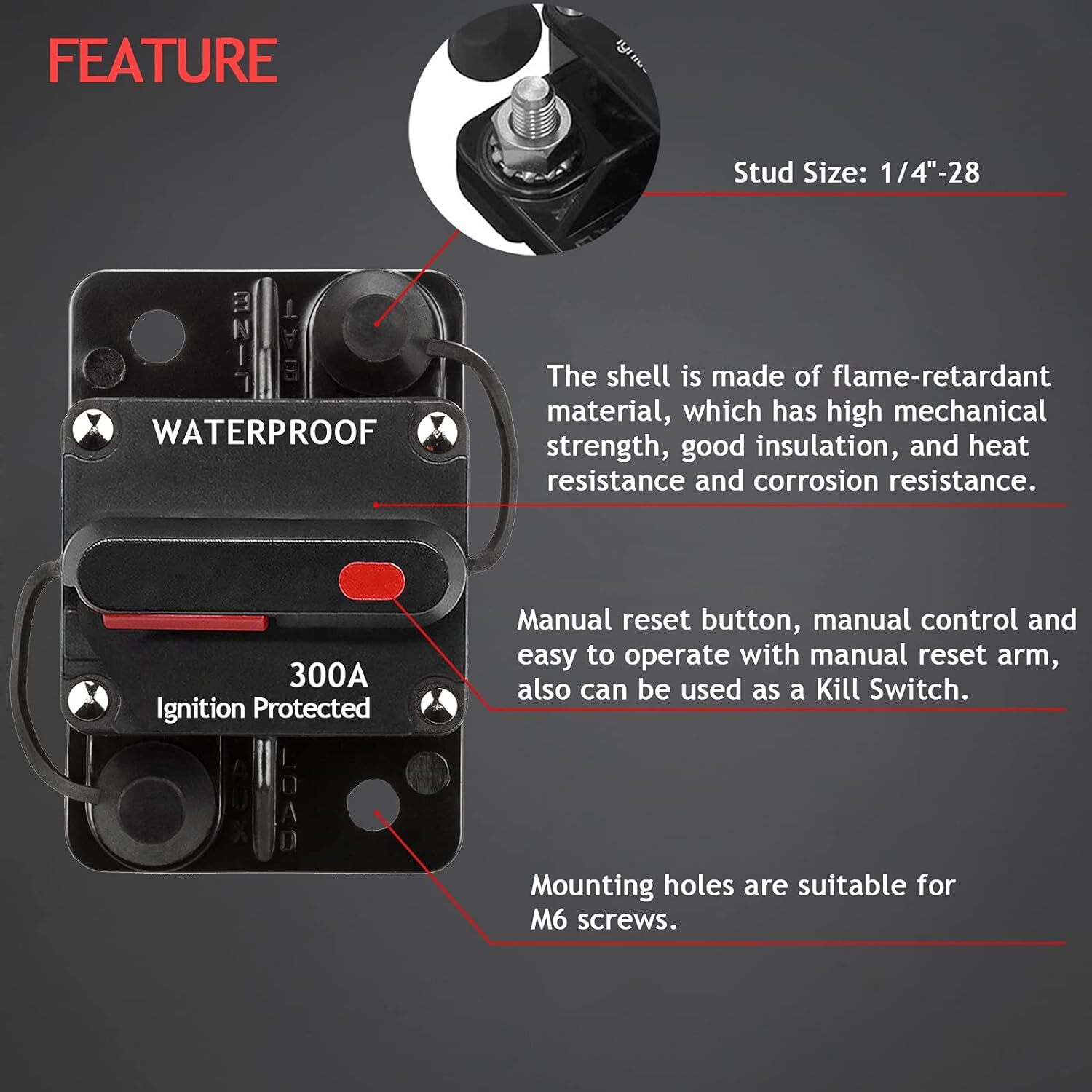 30A 50A 70A Automotive Marine Circuit Breaker with Manual Reset Surface-Mount