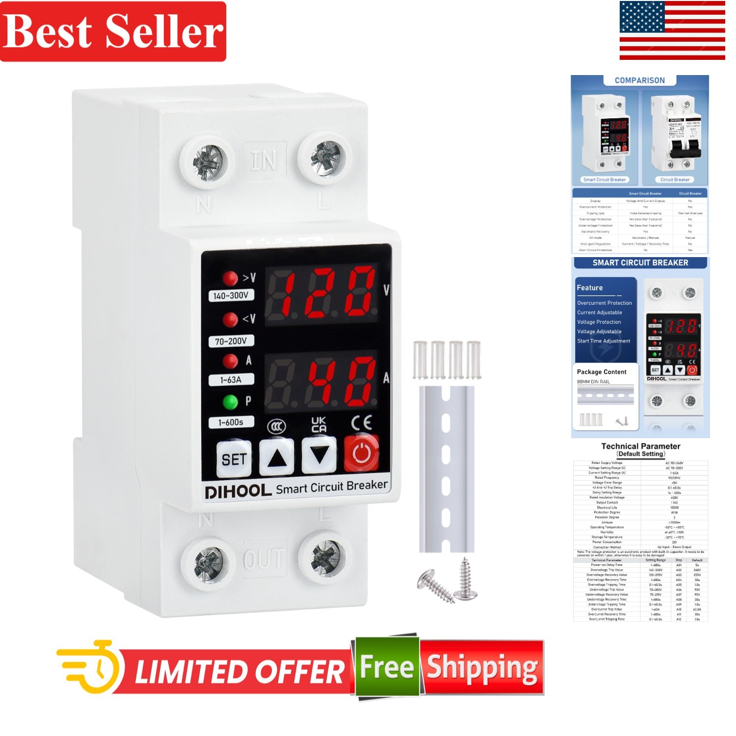 Adjustable Voltage Protector 0V-220V 63A Overcurrent Overvoltage Undervoltage…