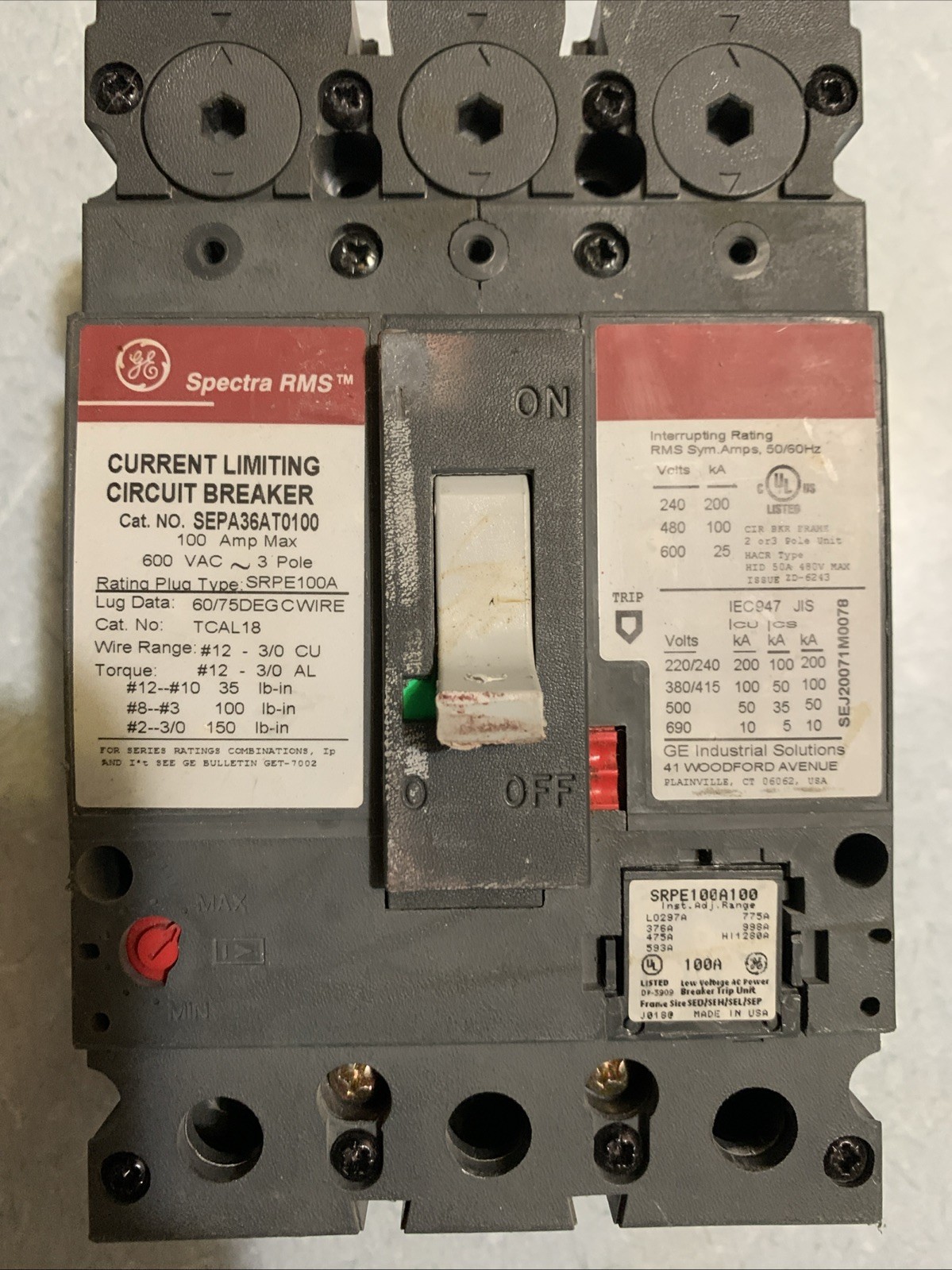 GE Spectra RMS AC Circuit Breaker SEPA36AT0100 100A 600V