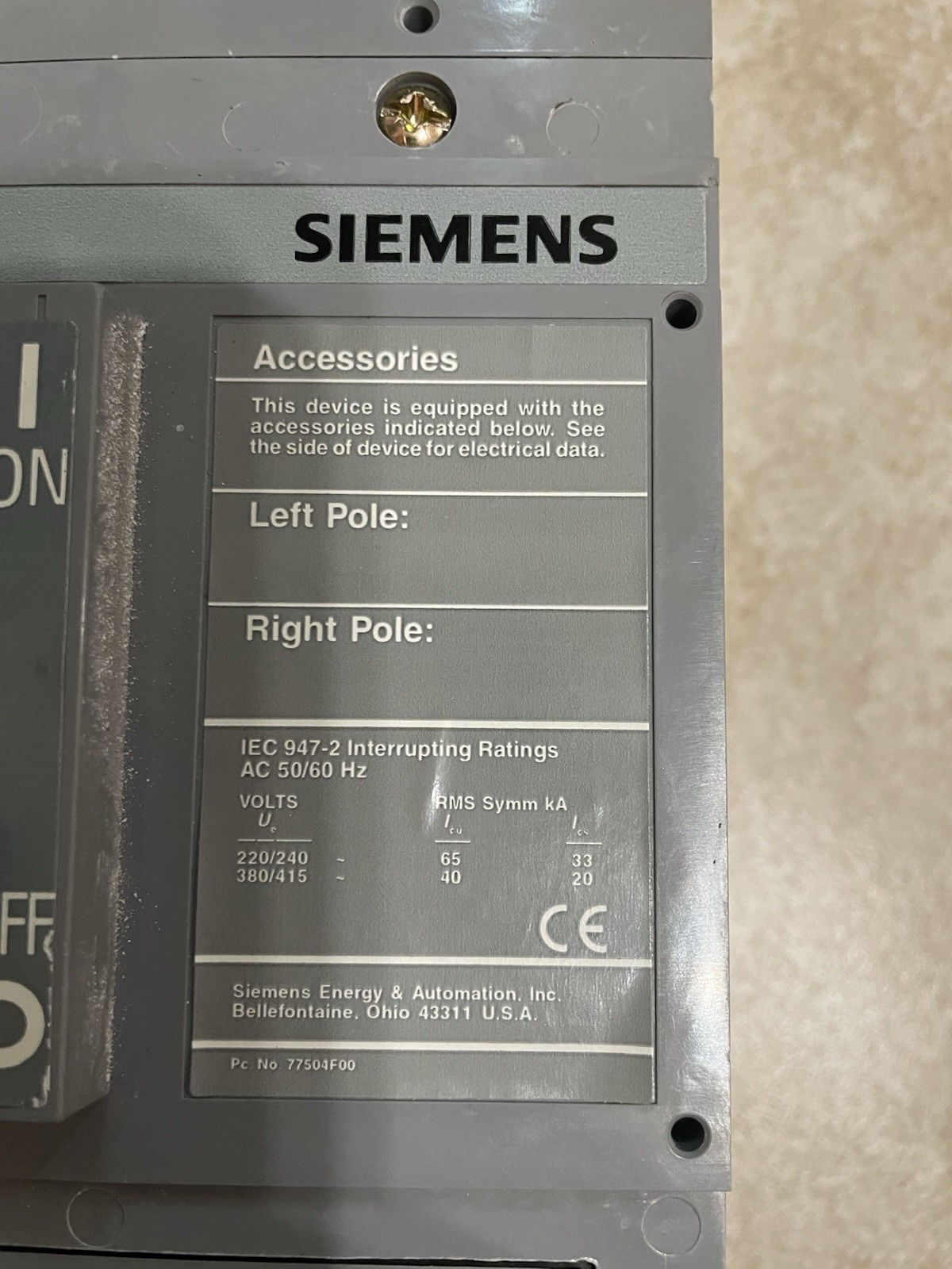 SIEMENS 250A Molded Case Circuit Breaker – Tested / Good Condition