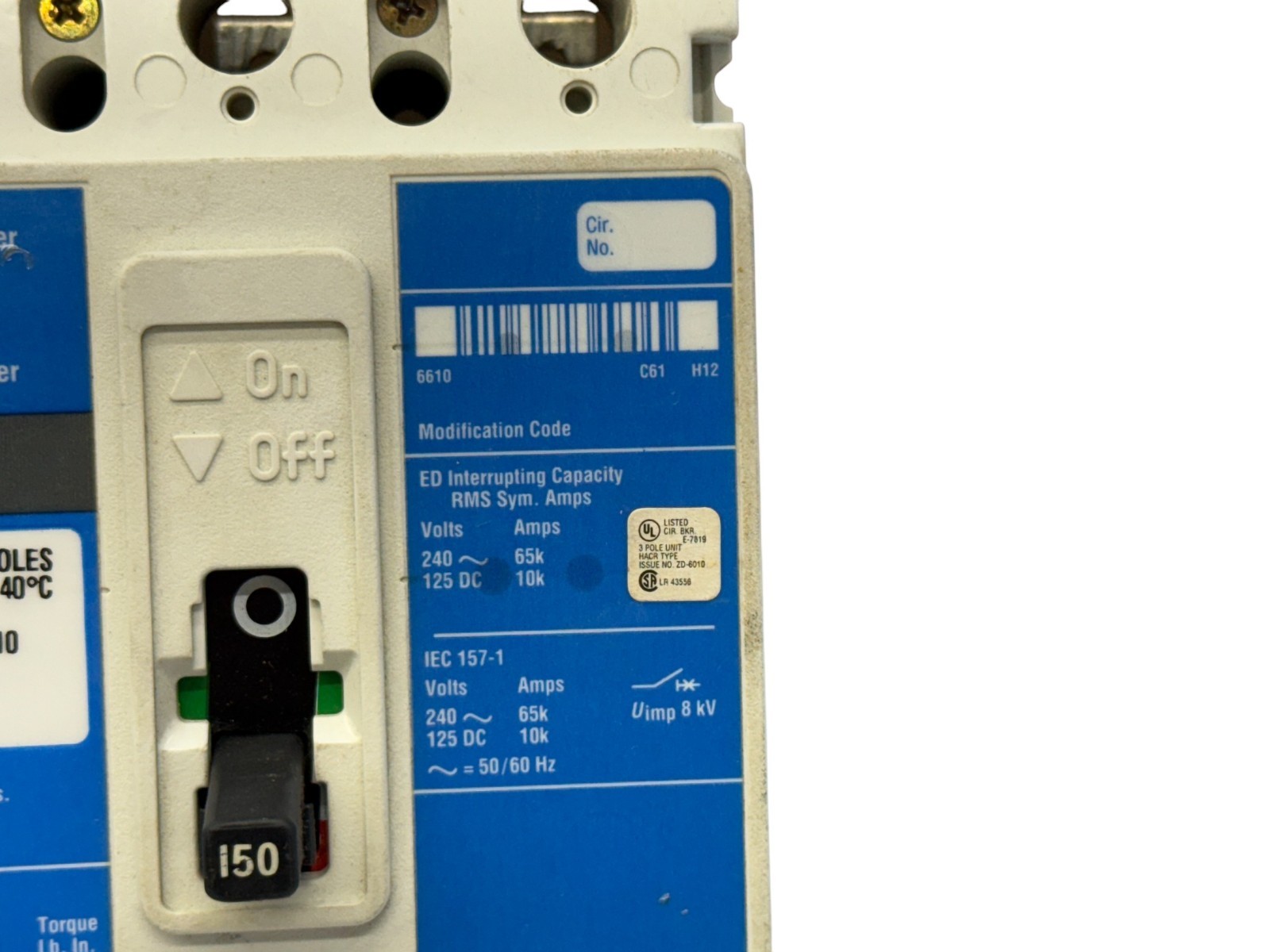 EATON ED3150 150A 3-POLE 240V ED F-FRAME 65KA MOLDED BOLT-ON CIRCUIT BREAKER