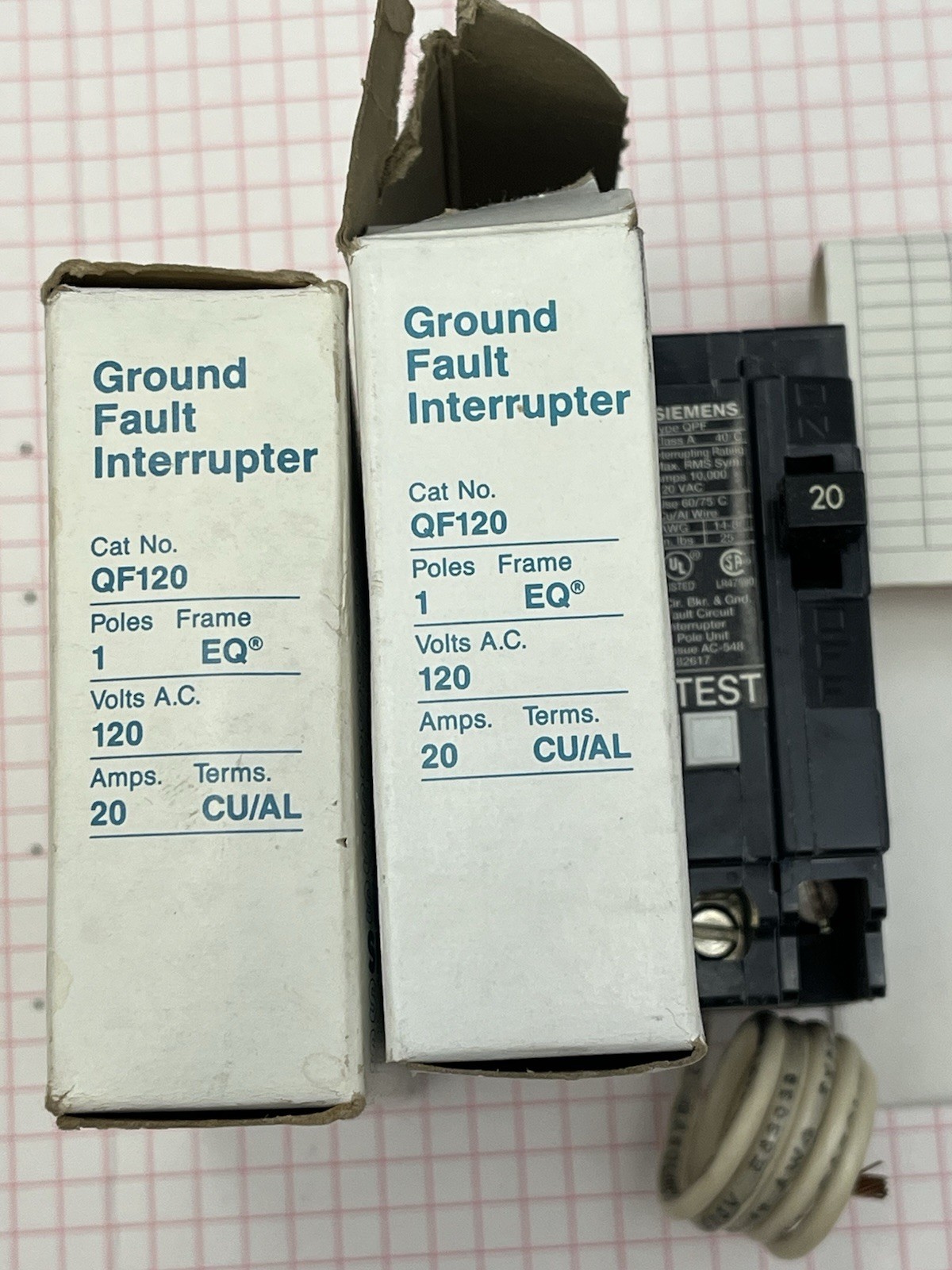 TWO each ITE Siemens QF120: Ground Fault Circuit Breaker, 20A, 120VAC, GFCI