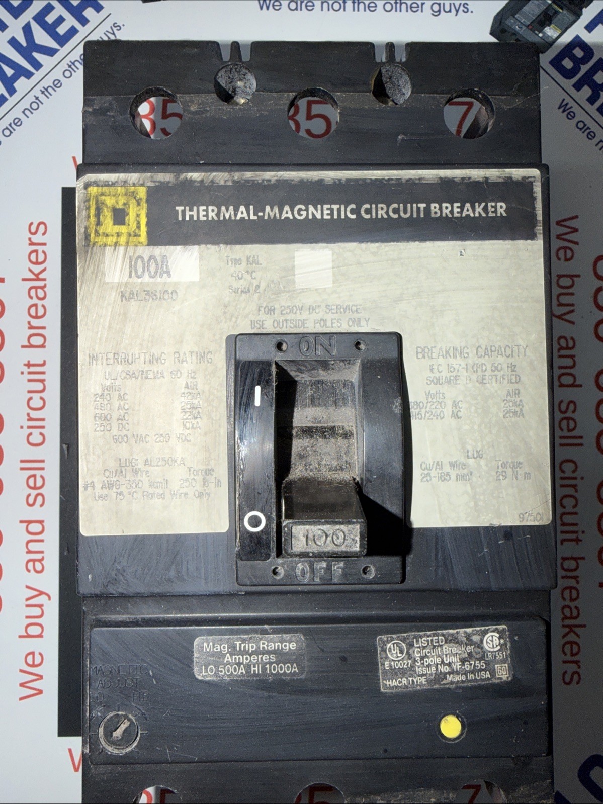 Square D Electric 100A 600V 480V KAL36100 Circuit Breaker BAD LABLE FLAW