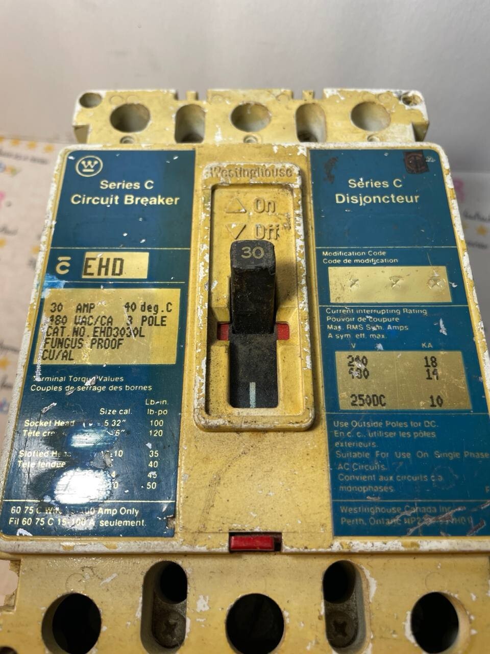 WESTINGHOUSE EHD3030L SERIES C CIRCUIT BREAKER 30A 480VAC Used