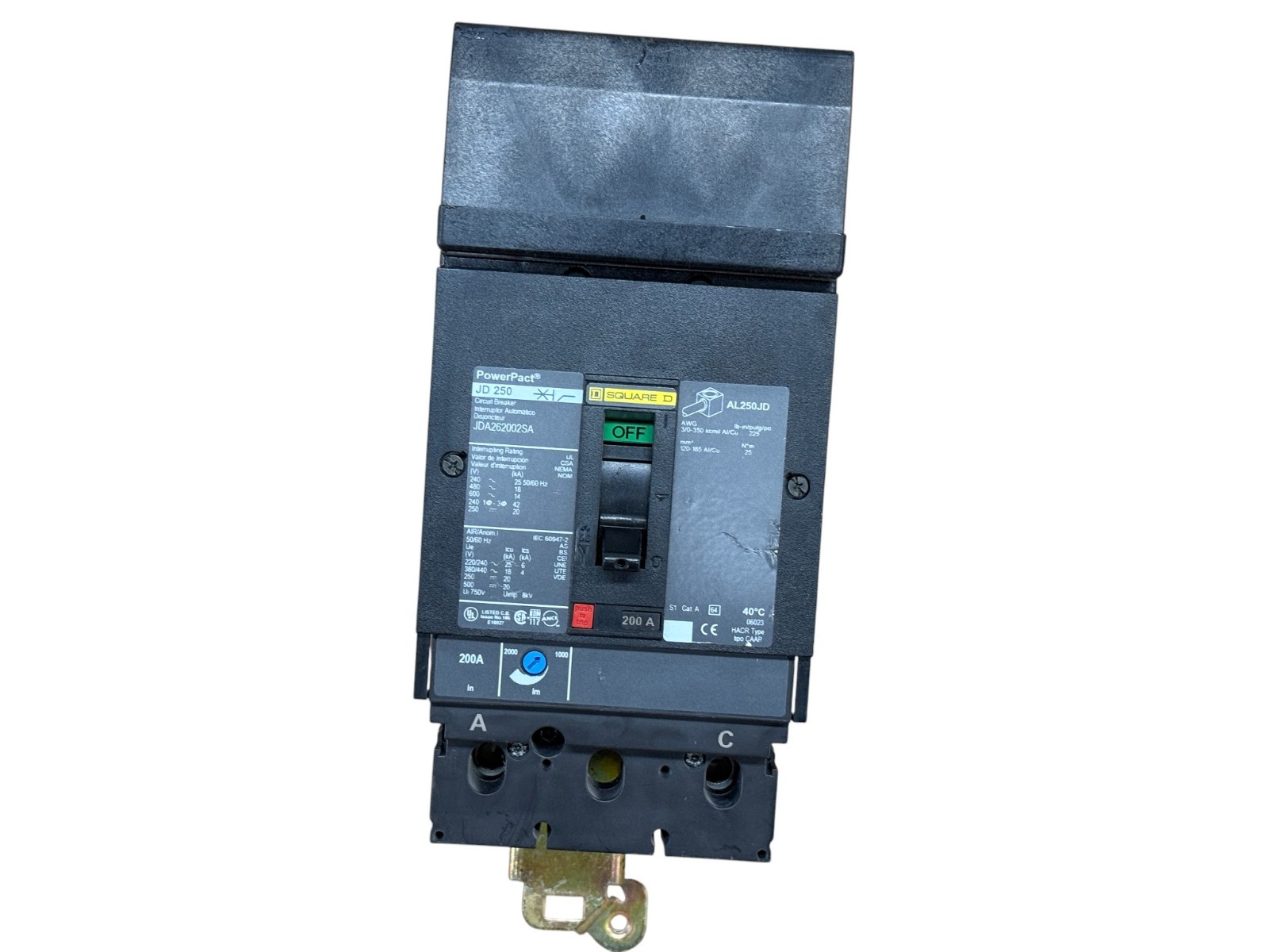 Square D Powerpact JDA262002SA 200A 2-Phase 2-Pole 600V Used Circuit Breaker