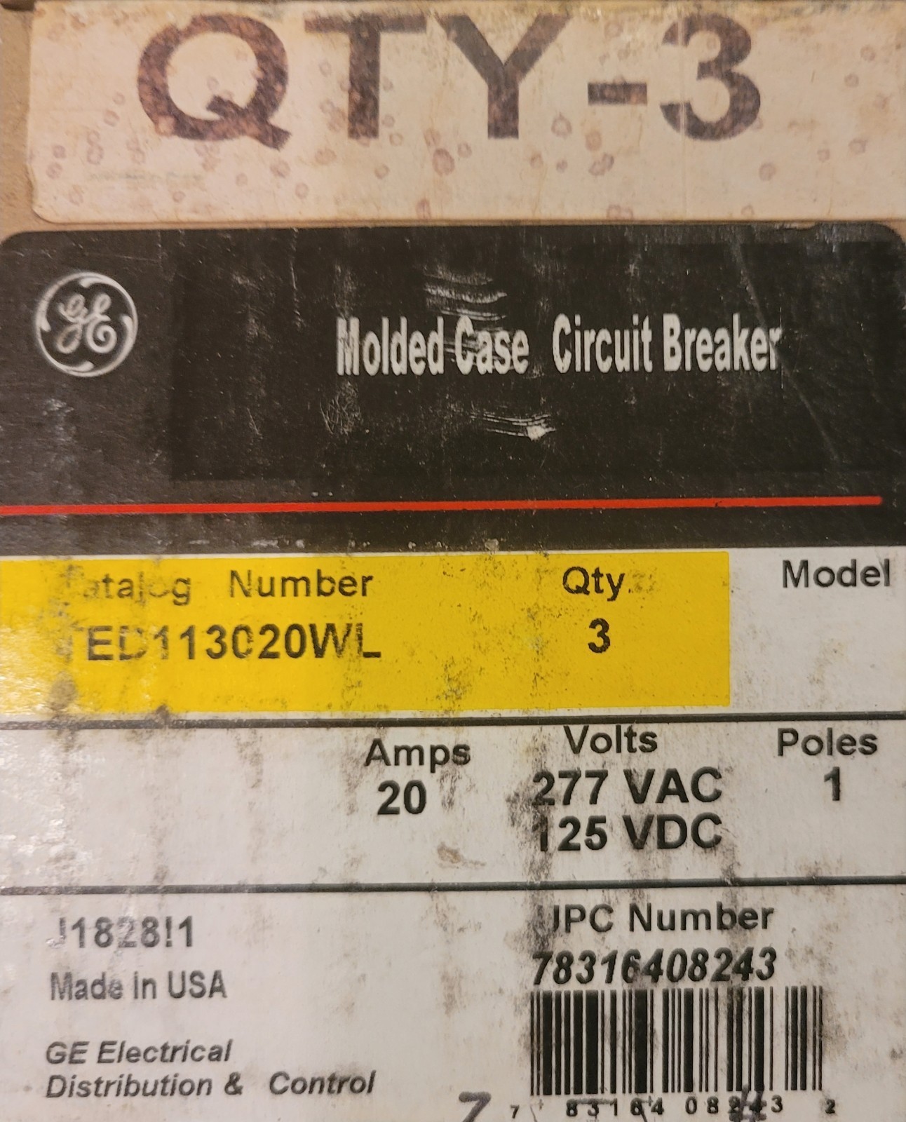 GENERAL ELECTRIC TED113020WL, CIRCUIT BREAKER, 20A, 277VAC/125VDC, 1-Pole, USA