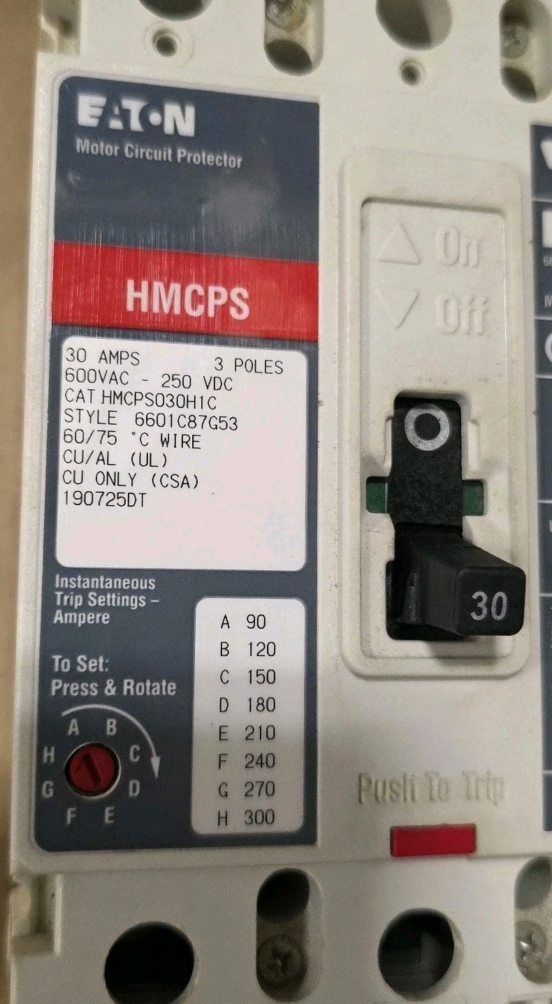 Eaton Westinghouse HMCPS HMCPS030H1C 3 Pole 30 Amp 600v Circuit Breaker