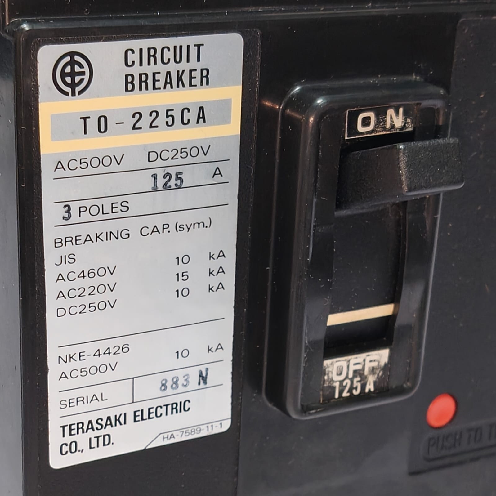 NEW BOX TERASAKI T0-225CA 3 Pole 125 A Circuit Breaker AC500V DC250V TO-225CA #2