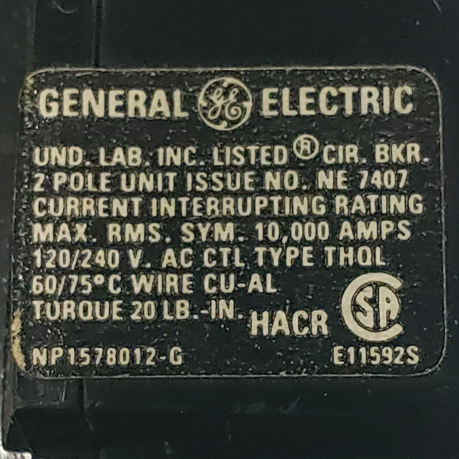 General Electric THQL2120 Circuit Breaker, 2P 20A Old Style Thick Series 20A TQL